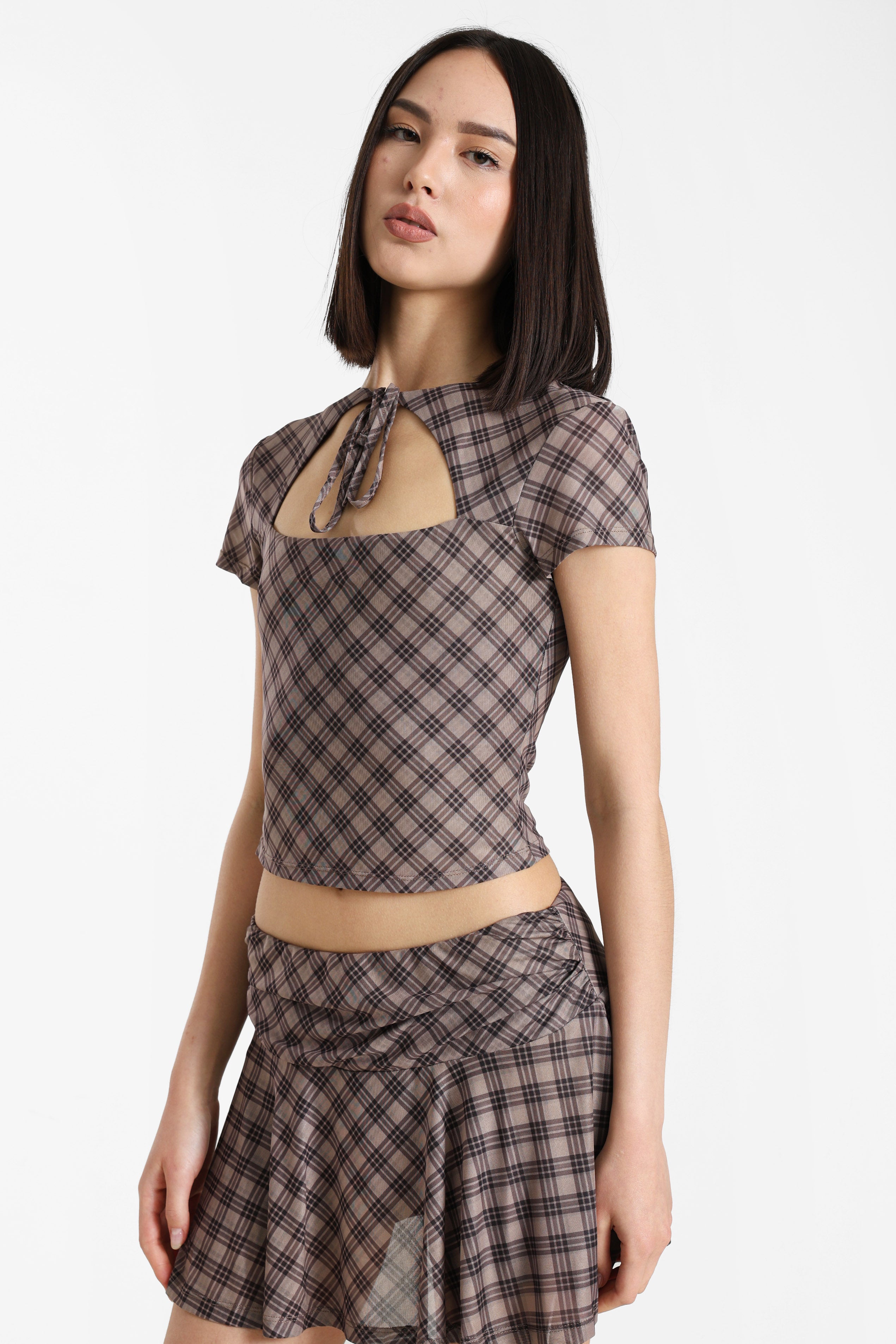 Cropped mesh T-shirt - Brun
