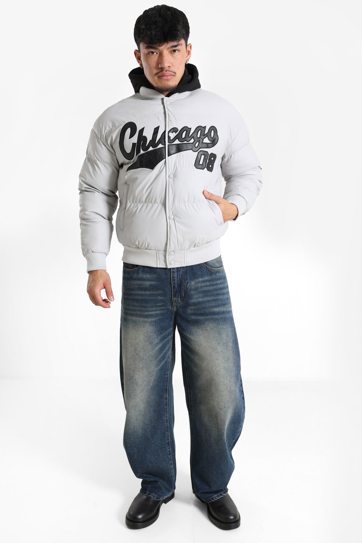 Puffer Kunstlederjacke - Light Grey + Black