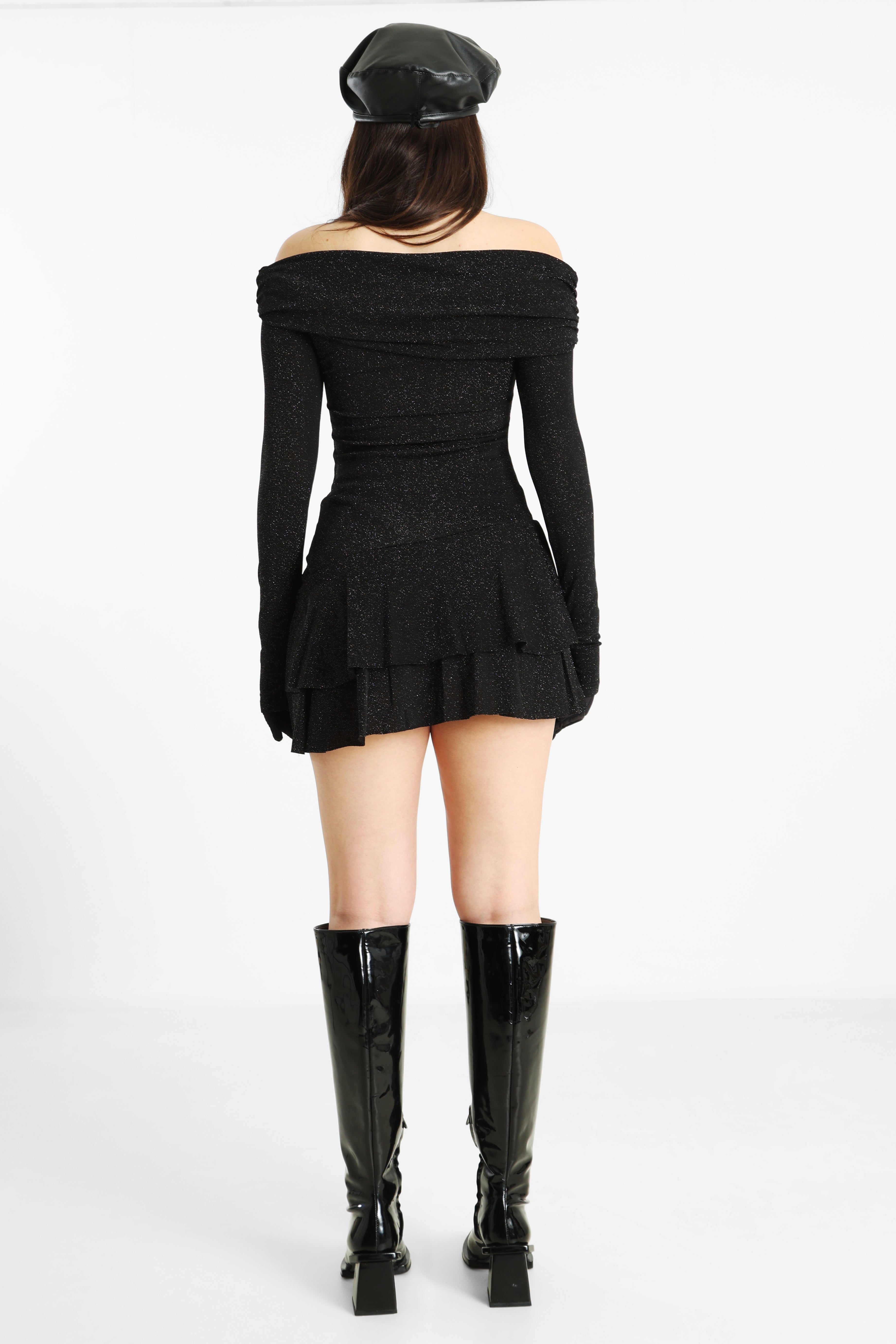Off-shoulder mini dress with built-in shorts - Black + Silver