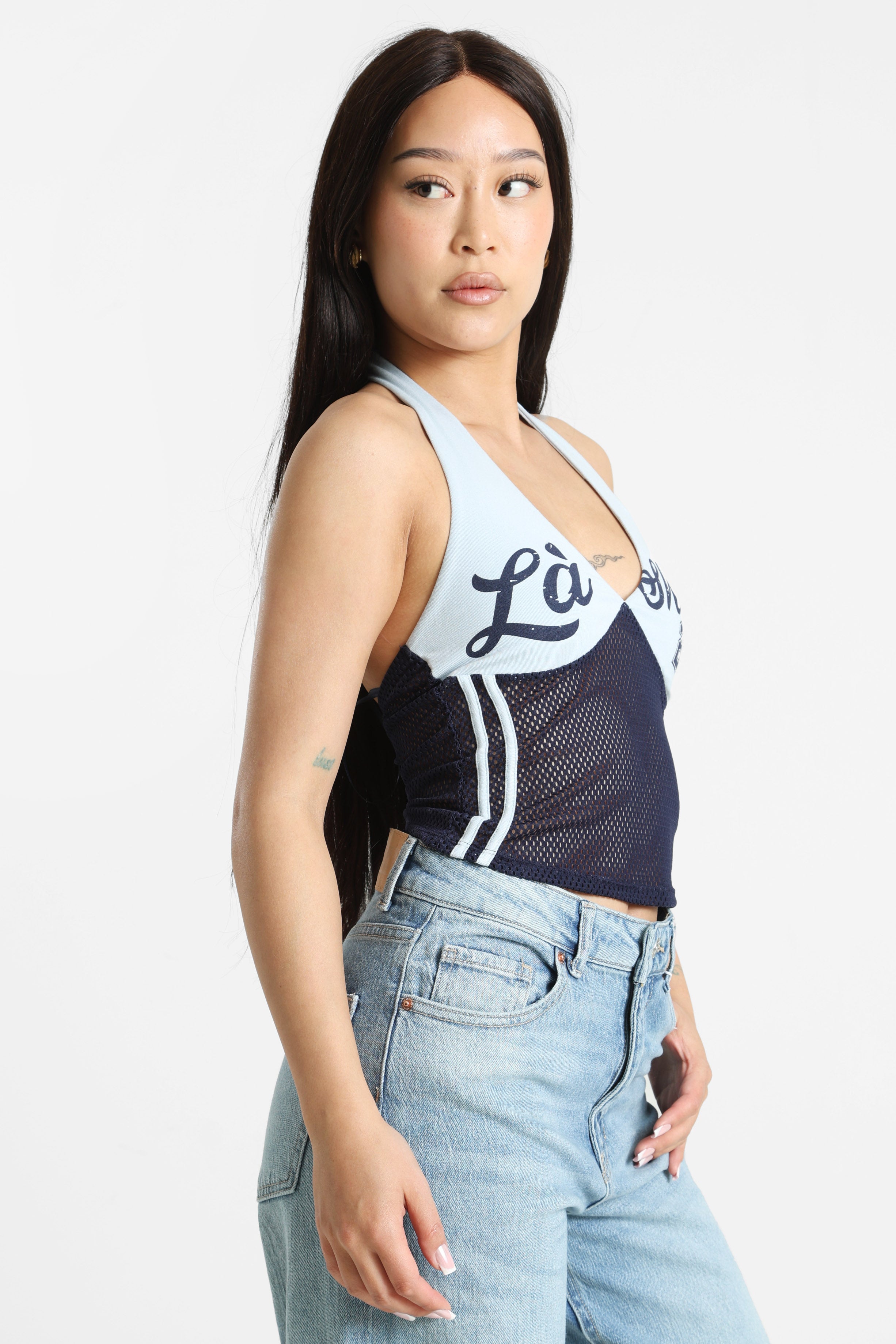 Top court dos nu en mesh - Bleu clair + Navy