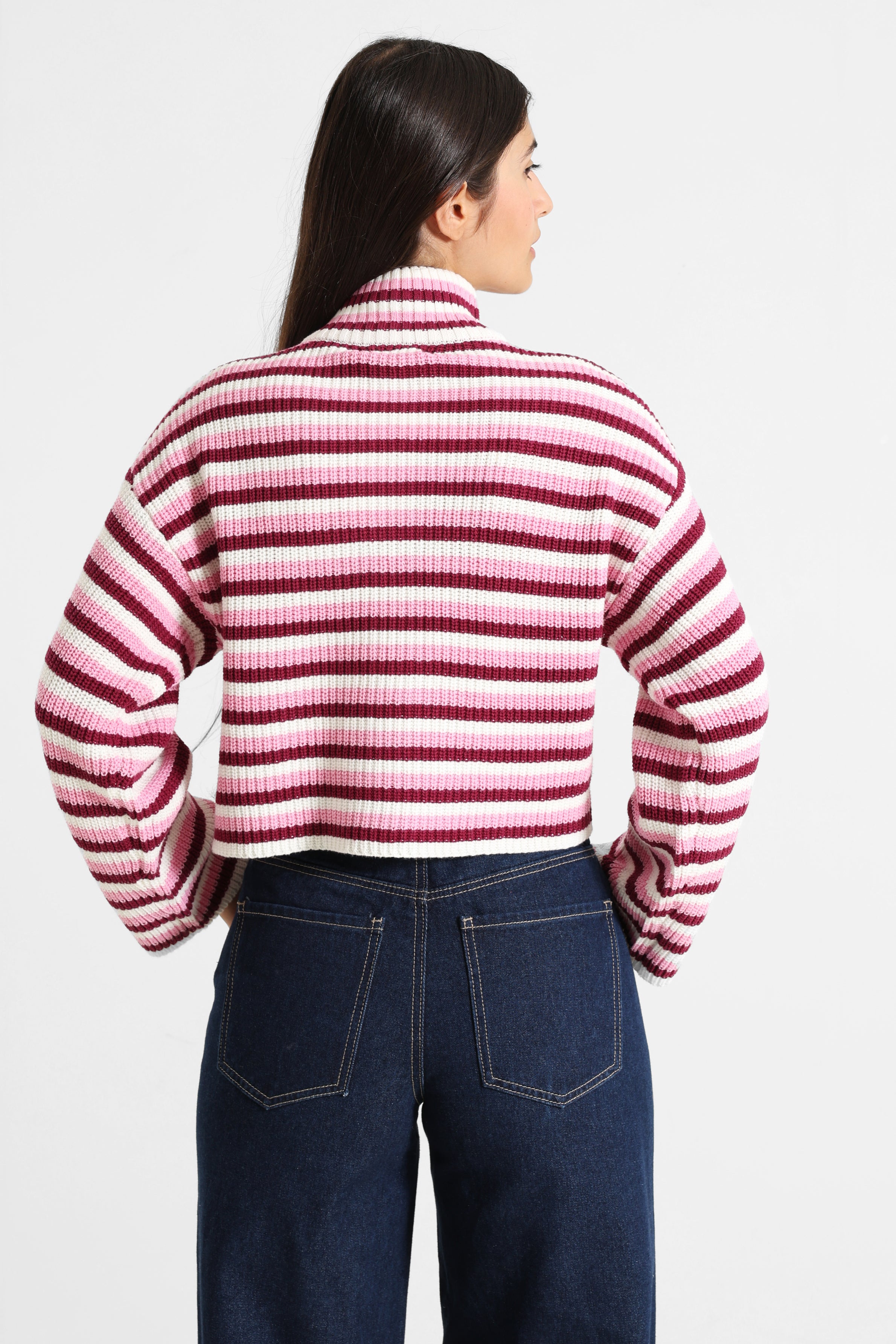 Short knitted jacket - Pink + Offwhite + Burgundy
