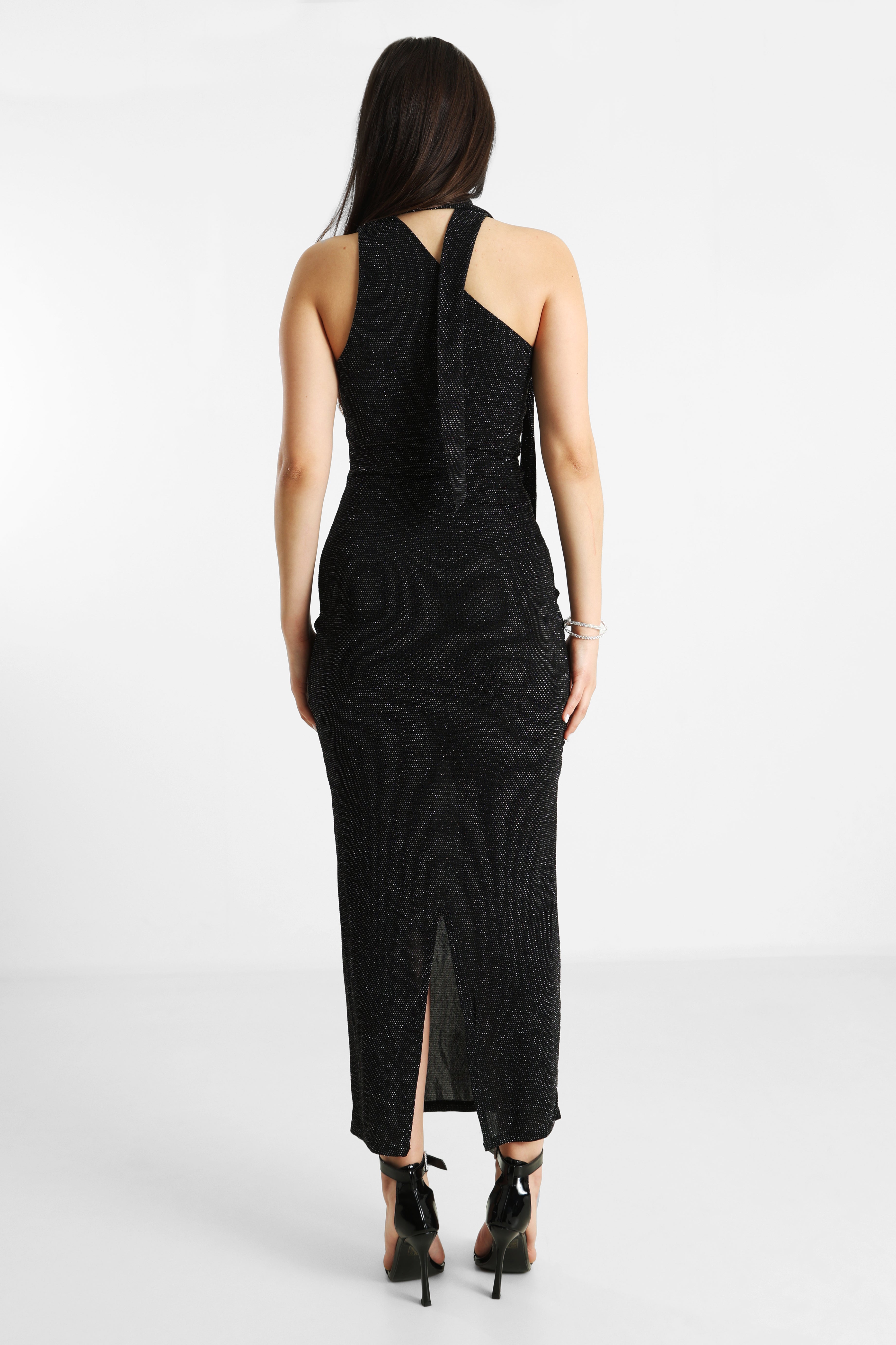 Robe longue one shoulder aves strass - Noir + Argenté