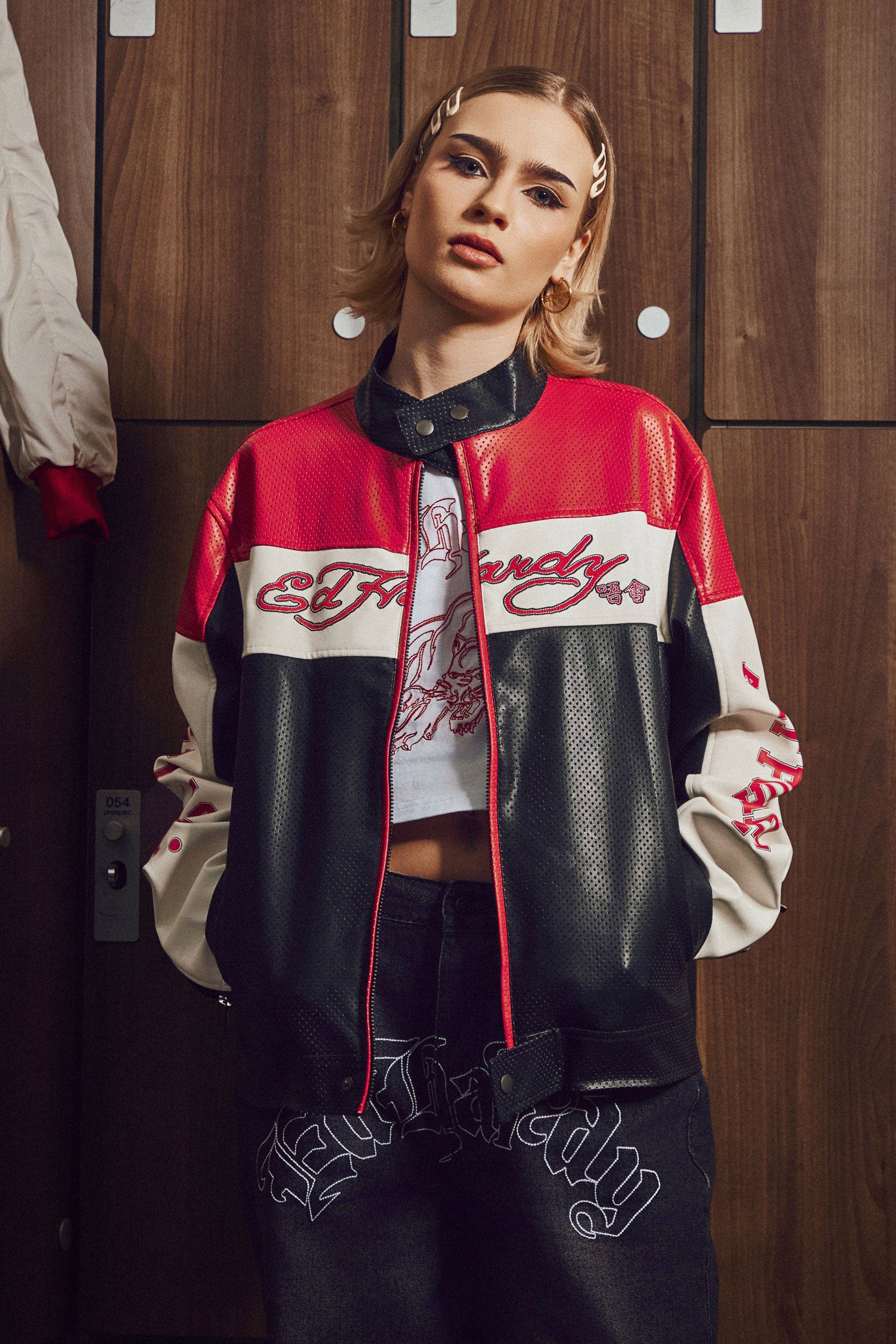 Kunstleder Bikerjacke - Black + Red + White