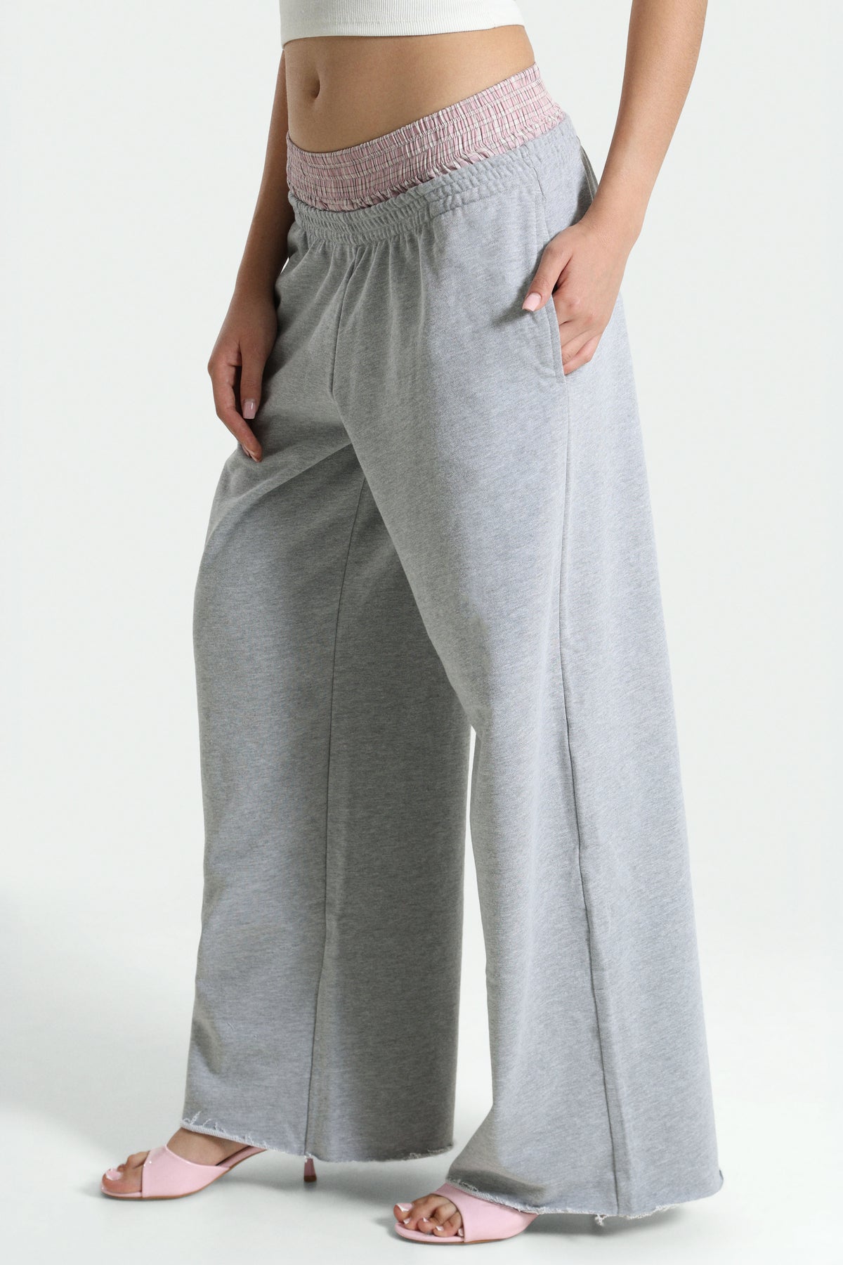 Pantalone in felpa - Grigio mélange + Rosa