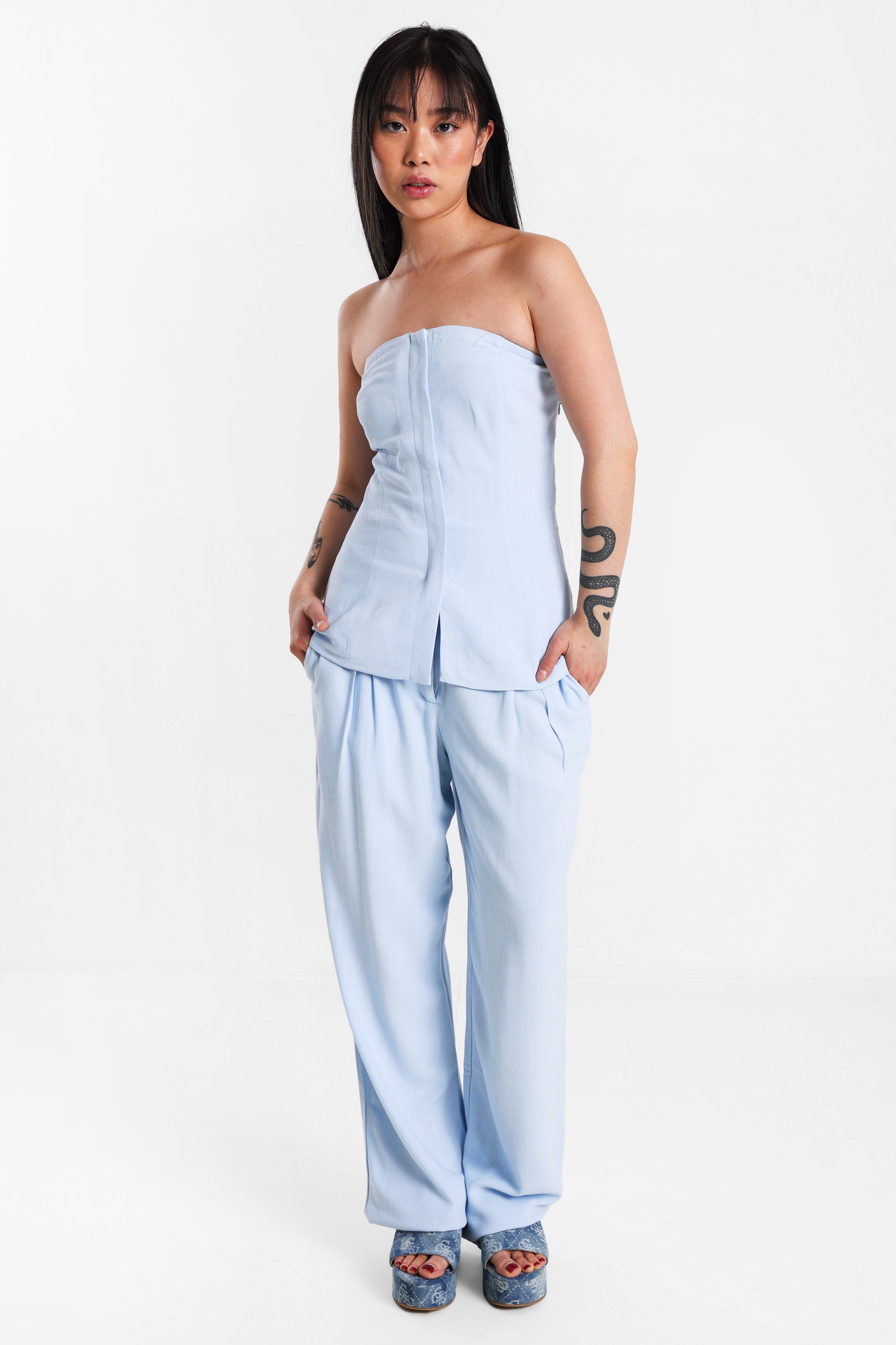Leinen Bandeau Top - Hellblau