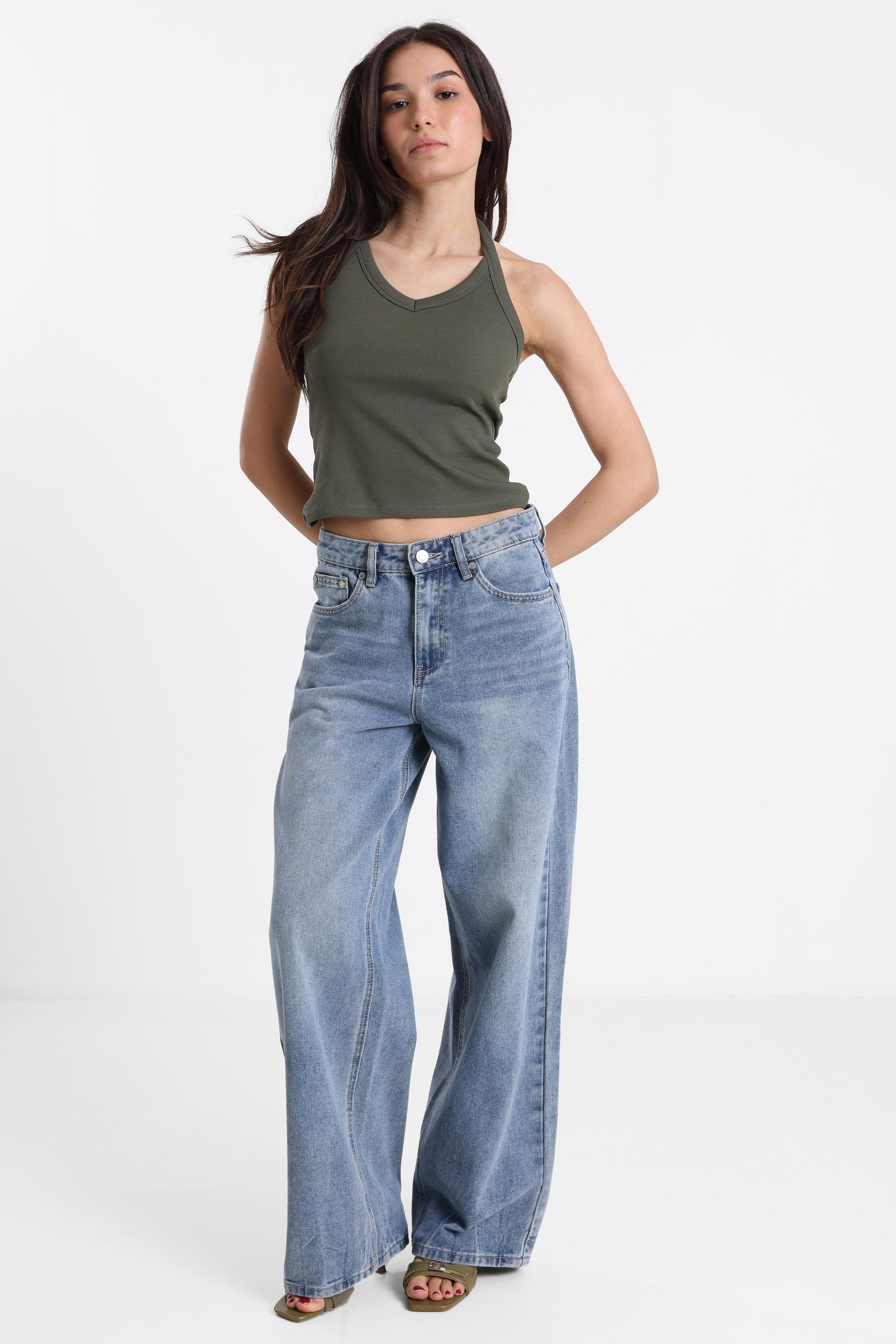 Geripptes Neckholder Crop Top - Olive