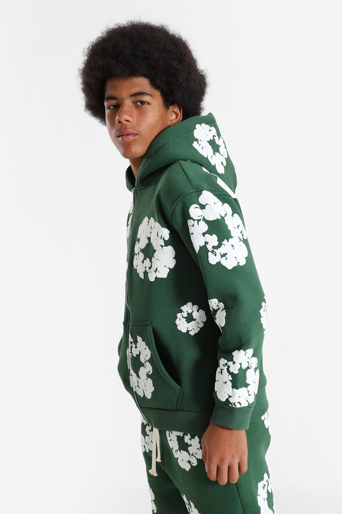 Sweat zippé à capuchon - Forest Green + White