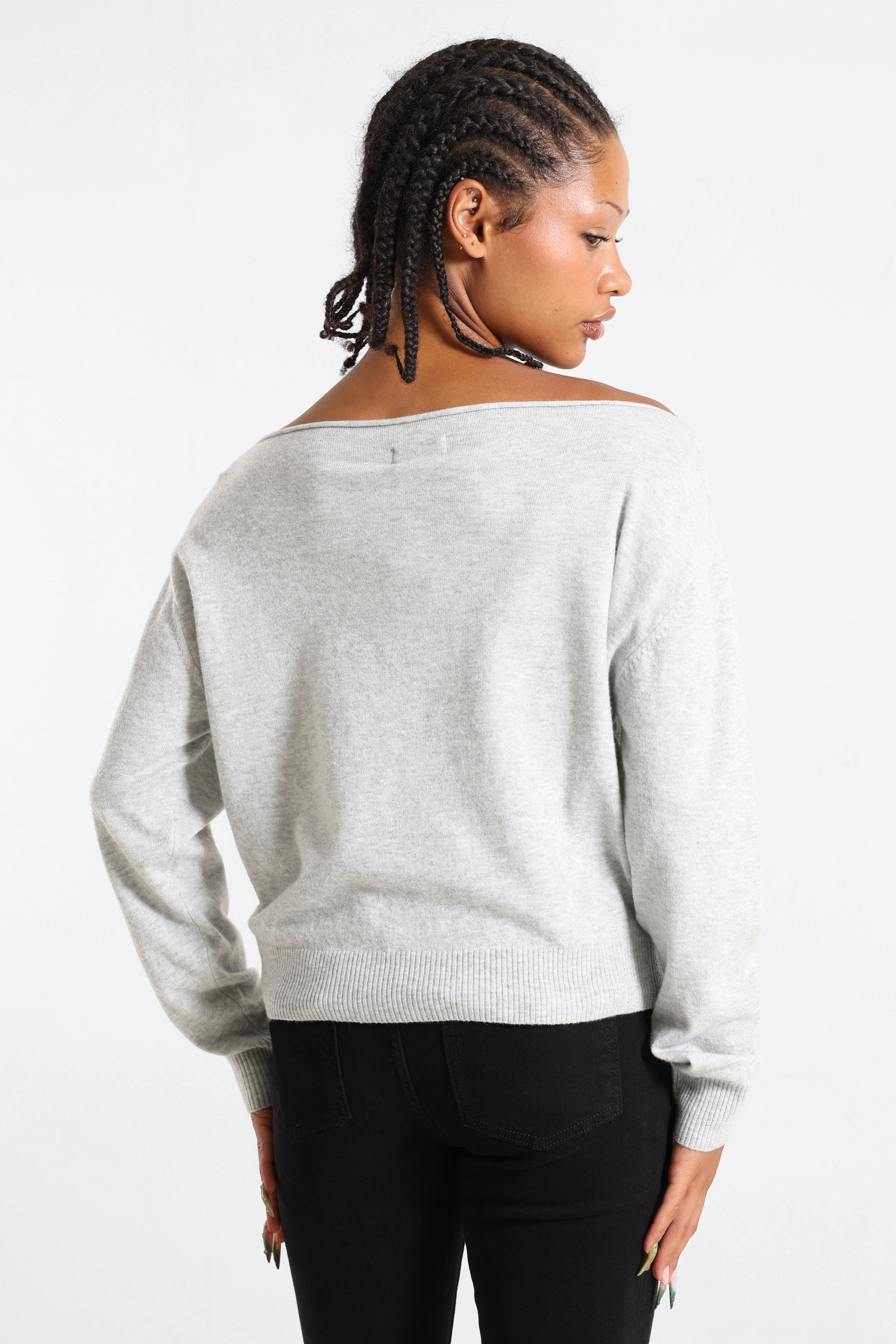 Maglione con scollo a barca in maglia - Grigio mélange chiaro