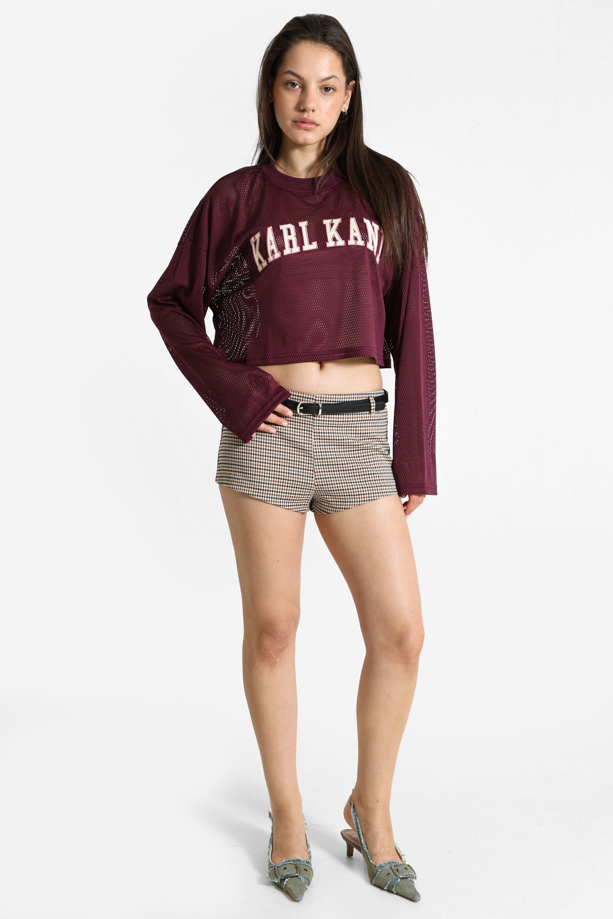 Crop Mesh Langarmshirt - Plum