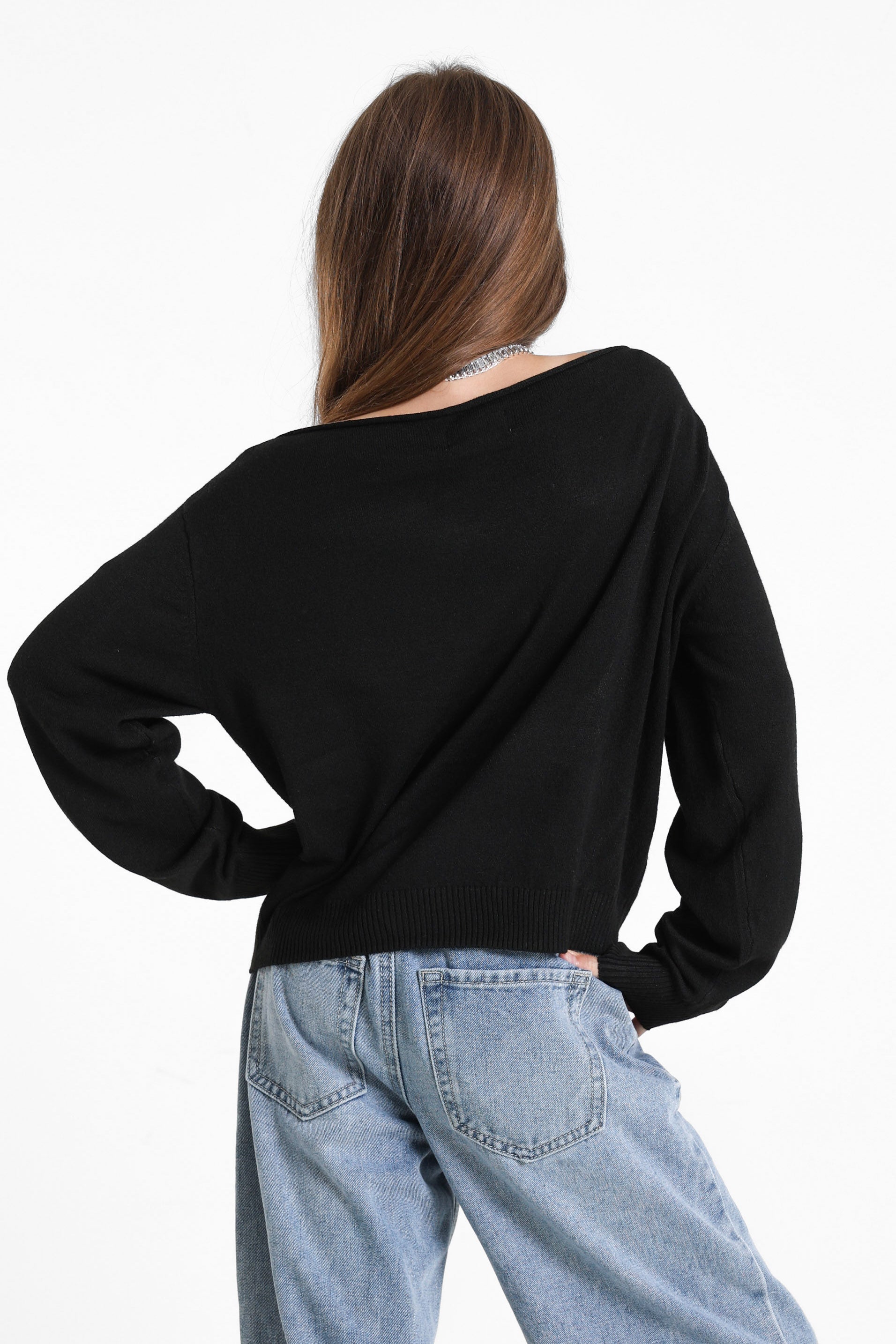 Off Shoulder Strickpullover - Schwarz