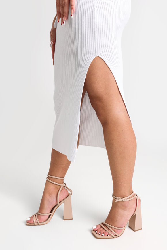 Geripptes Strick-Midikleid - Weiss