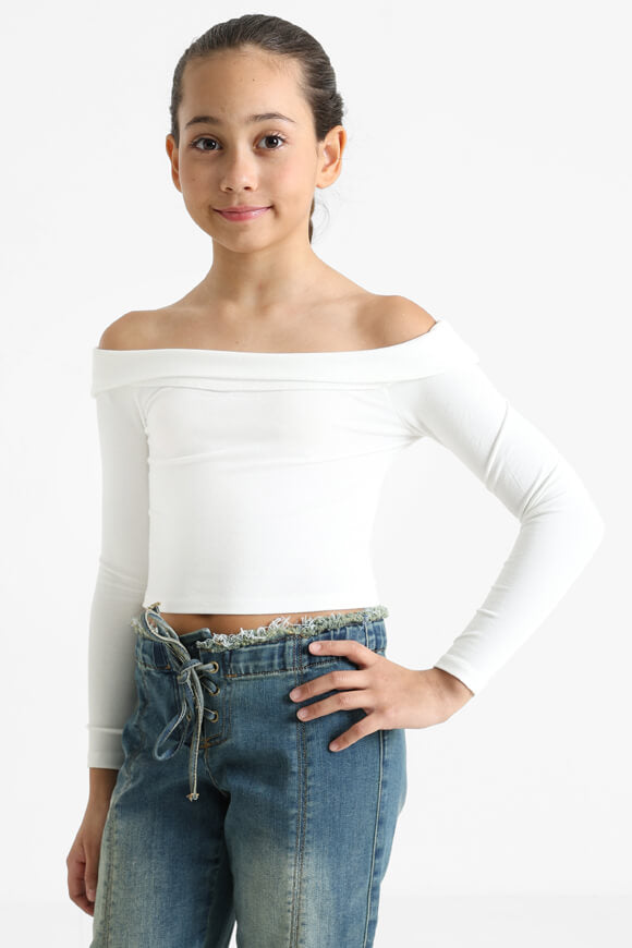 Off-shoulder crop long sleeve shirt - ecru