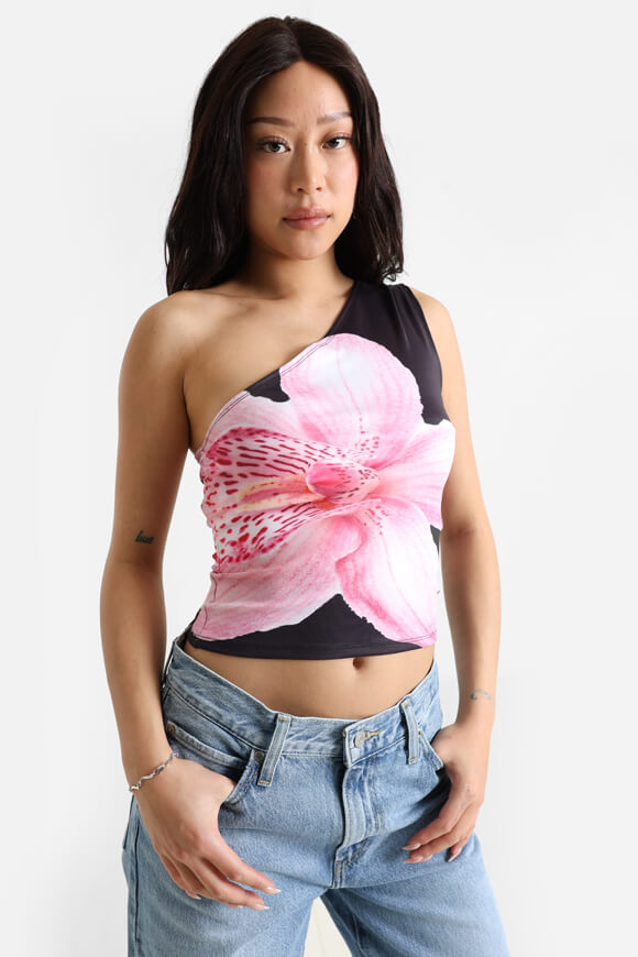 One Shoulder Crop Top - Black + Pink