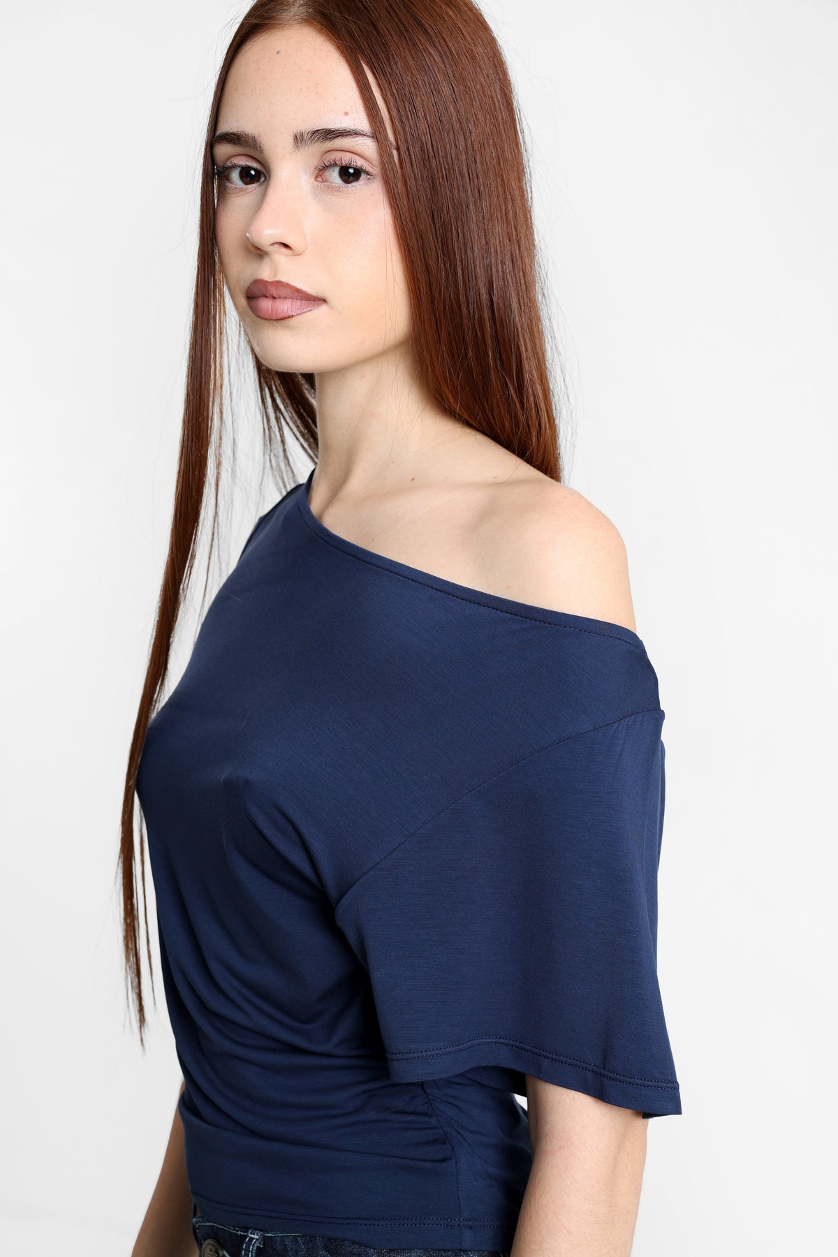 Off Shoulder T-Shirt - Marineblau