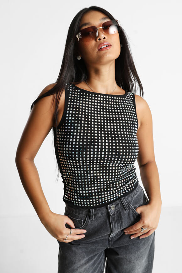 Mesh crop top with rhinestones - black