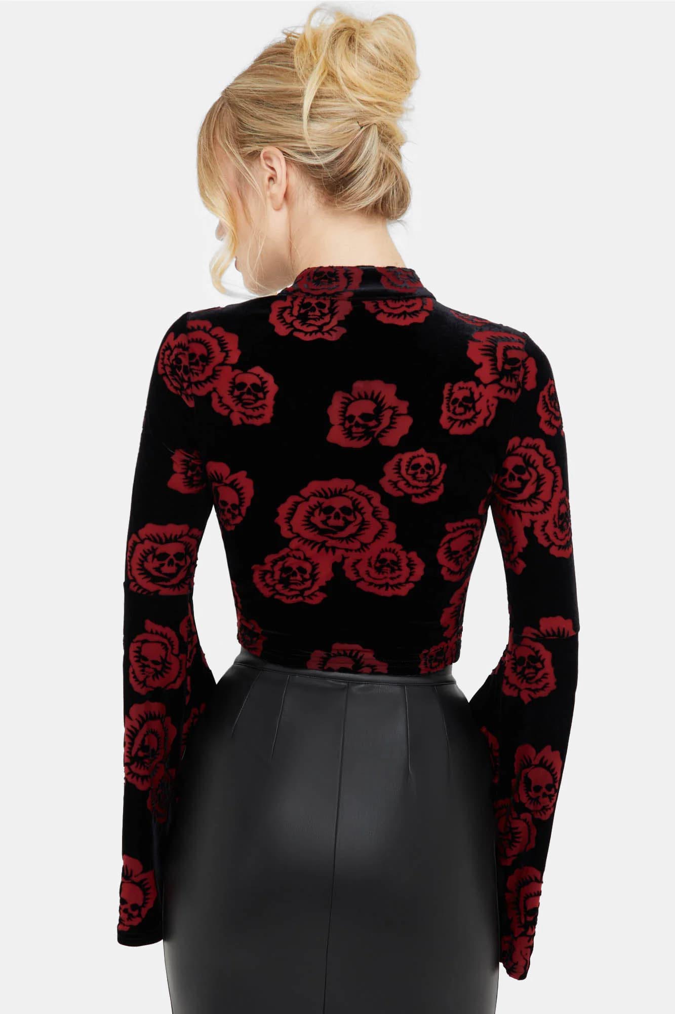 Camicia a maniche lunghe Pandora's Rose Velvet Crop - Nero + Rosso