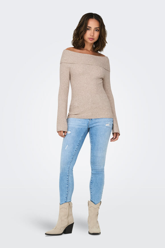 Jayden Ribbed Off Shoulder Knitted Jumper - Mocha Meringue Melange