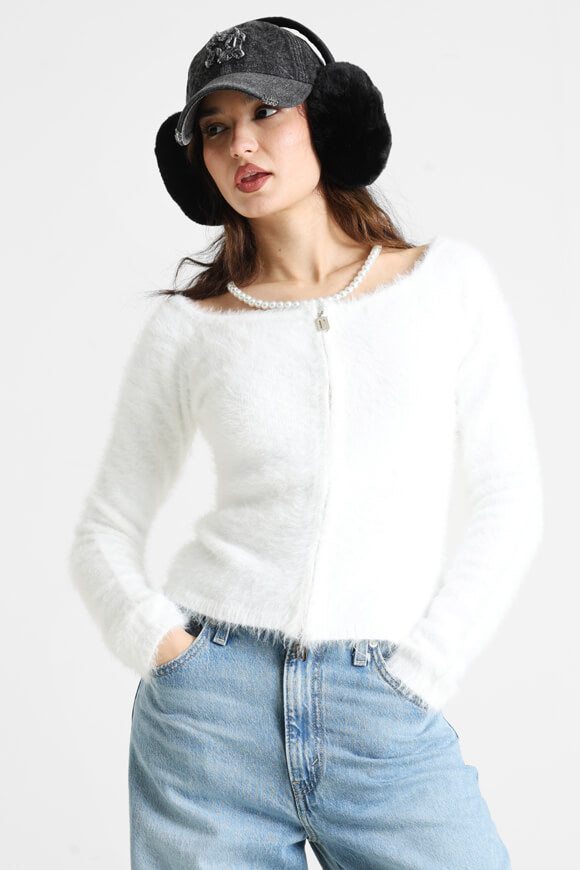 Pull off shoulder en tricot poilu - Ecru