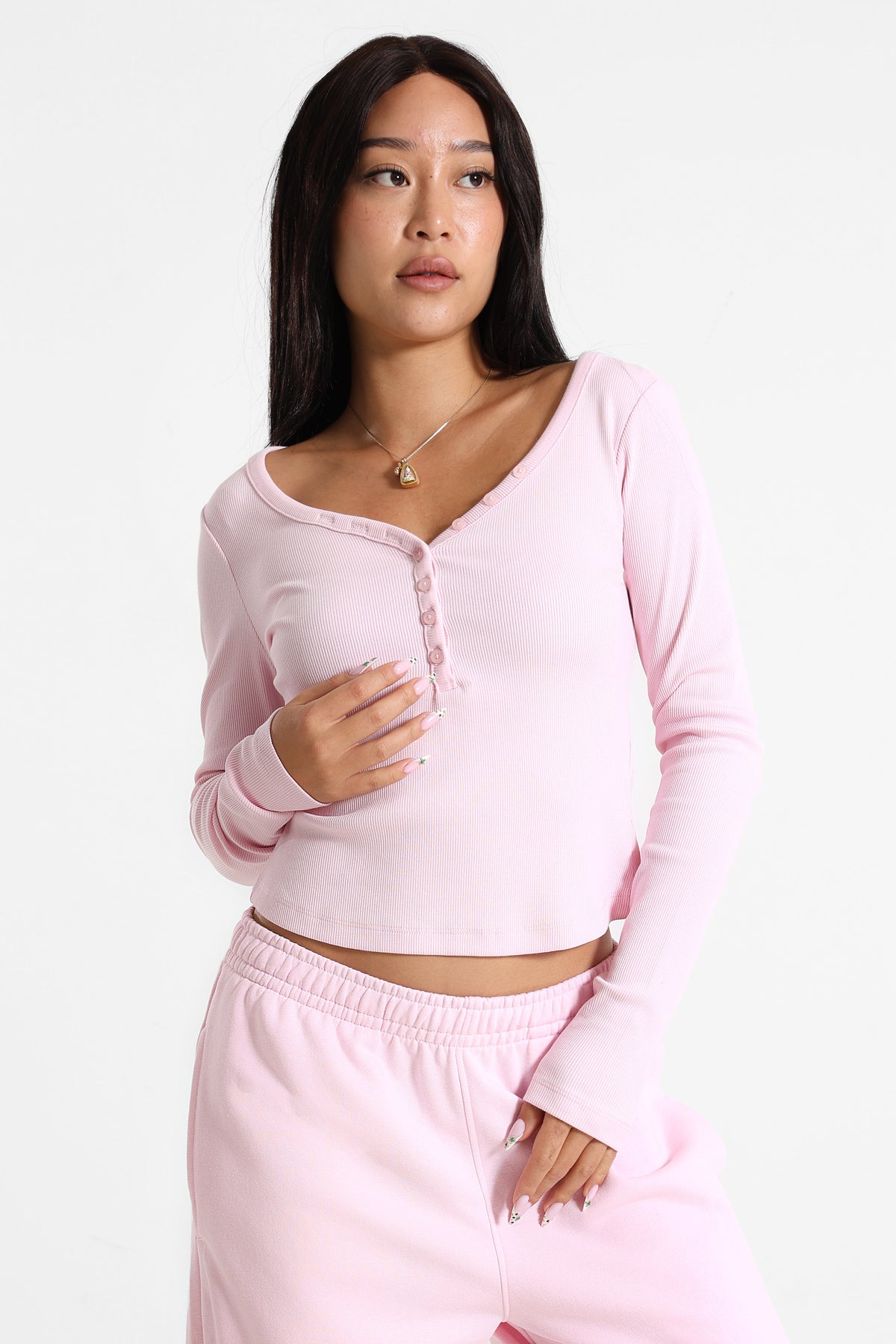 Camicia corta a coste maniche lunghe - Rosa
