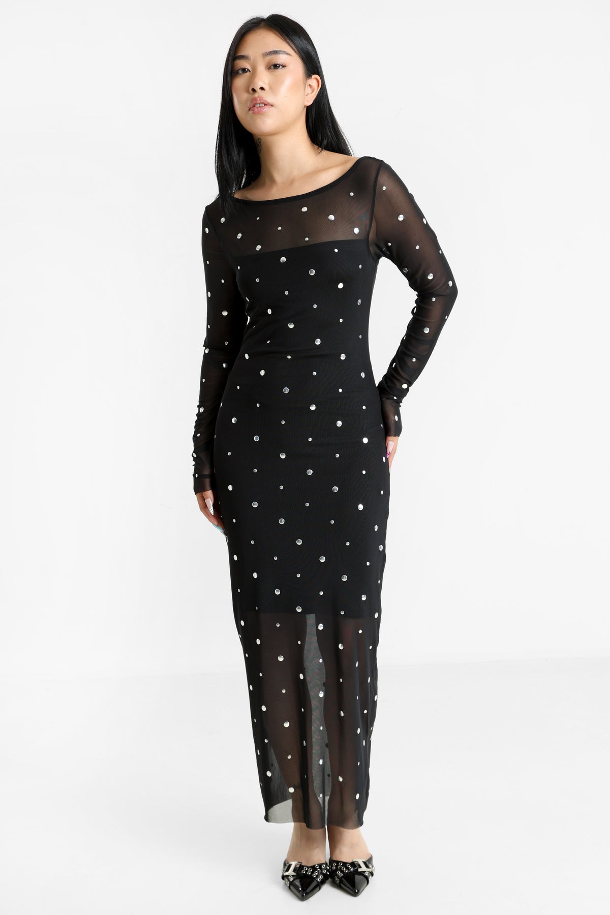 Robe longue en mesh avec rivets - Noir