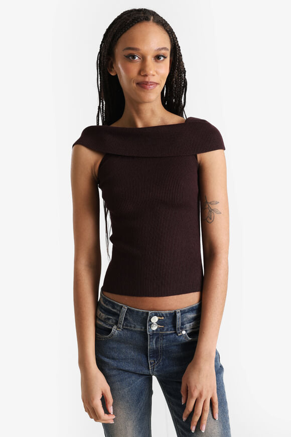 Geripptes Off Shoulder Crop Stricktop - Braun