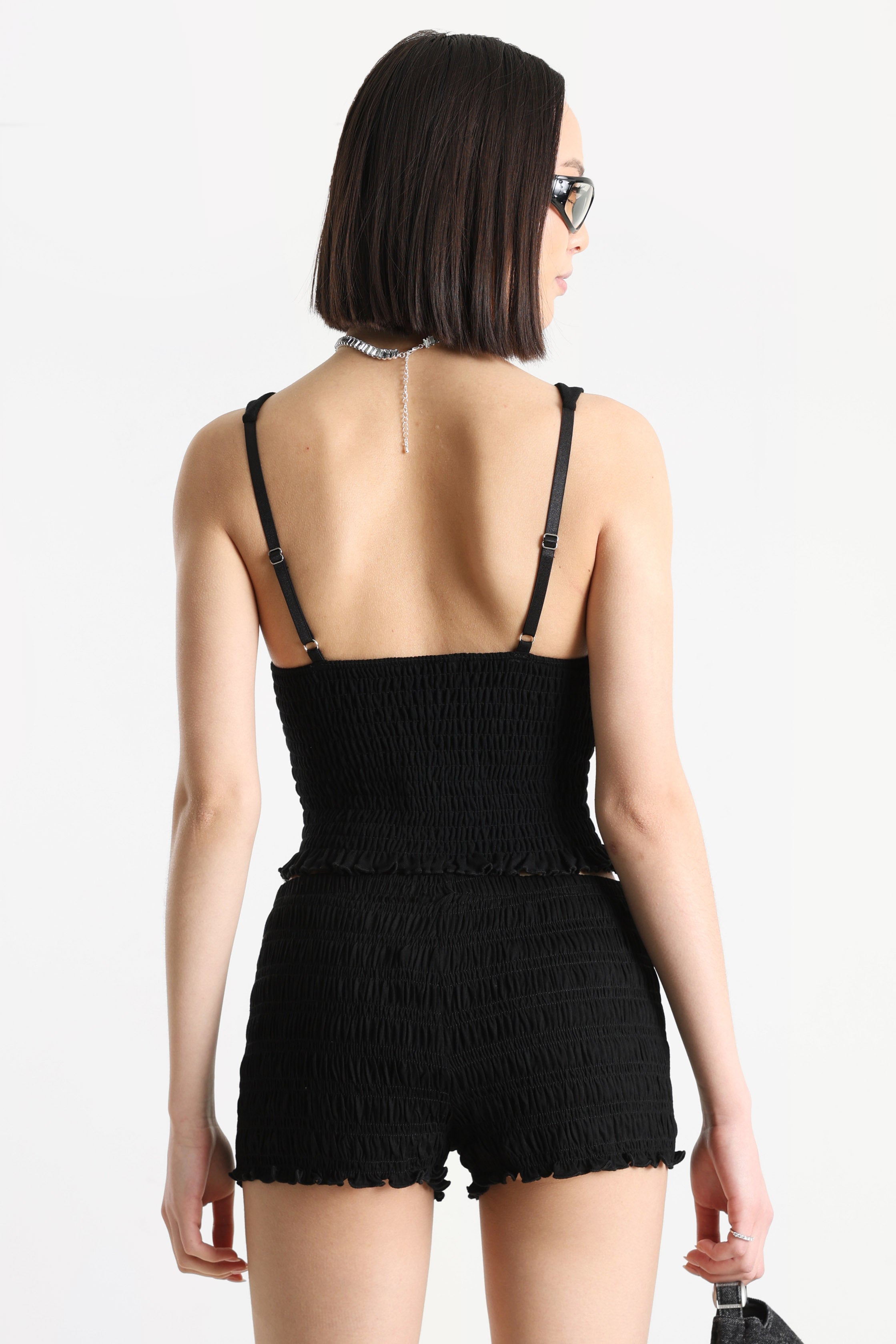 Gesmoktes Crop Top - Schwarz