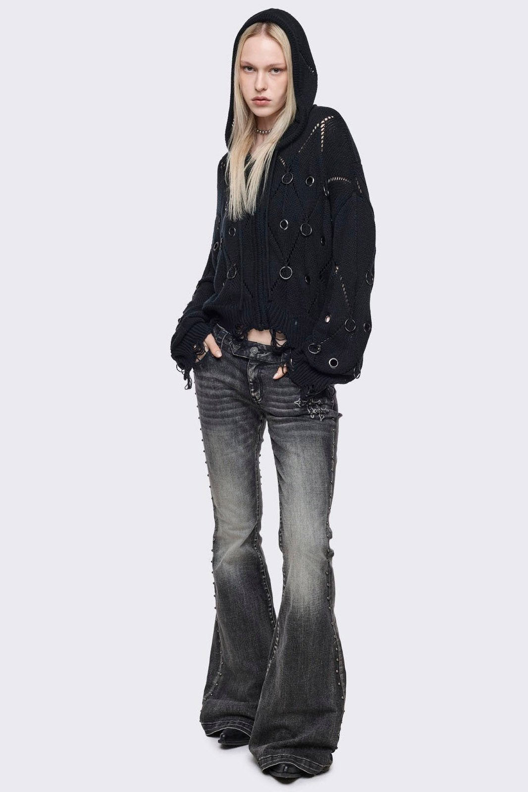 Ruin Crop Strickjacke mit Nieten - Black