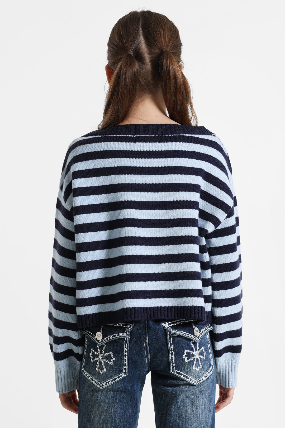 Pull ample en tricot chenille - Bleu foncé + Bleu clair