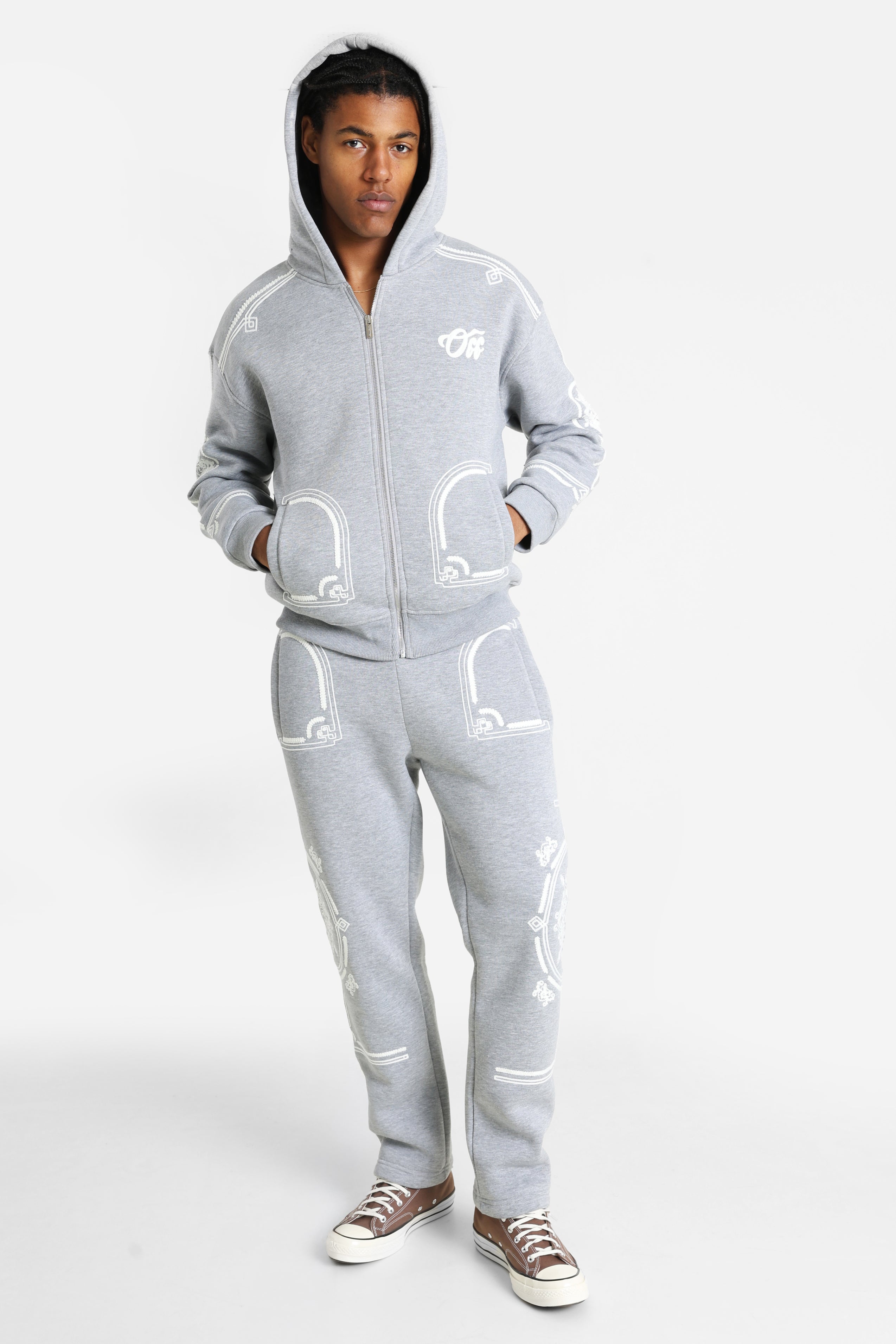 Felpa con cappuccio e zip - Grey Heather + White