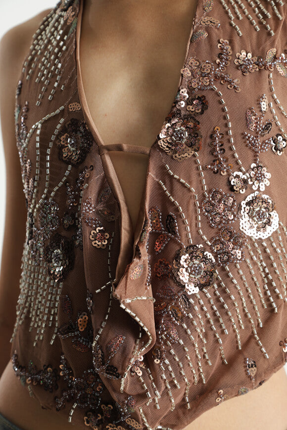 Pailletten Neckholder Crop Top - Light Brown