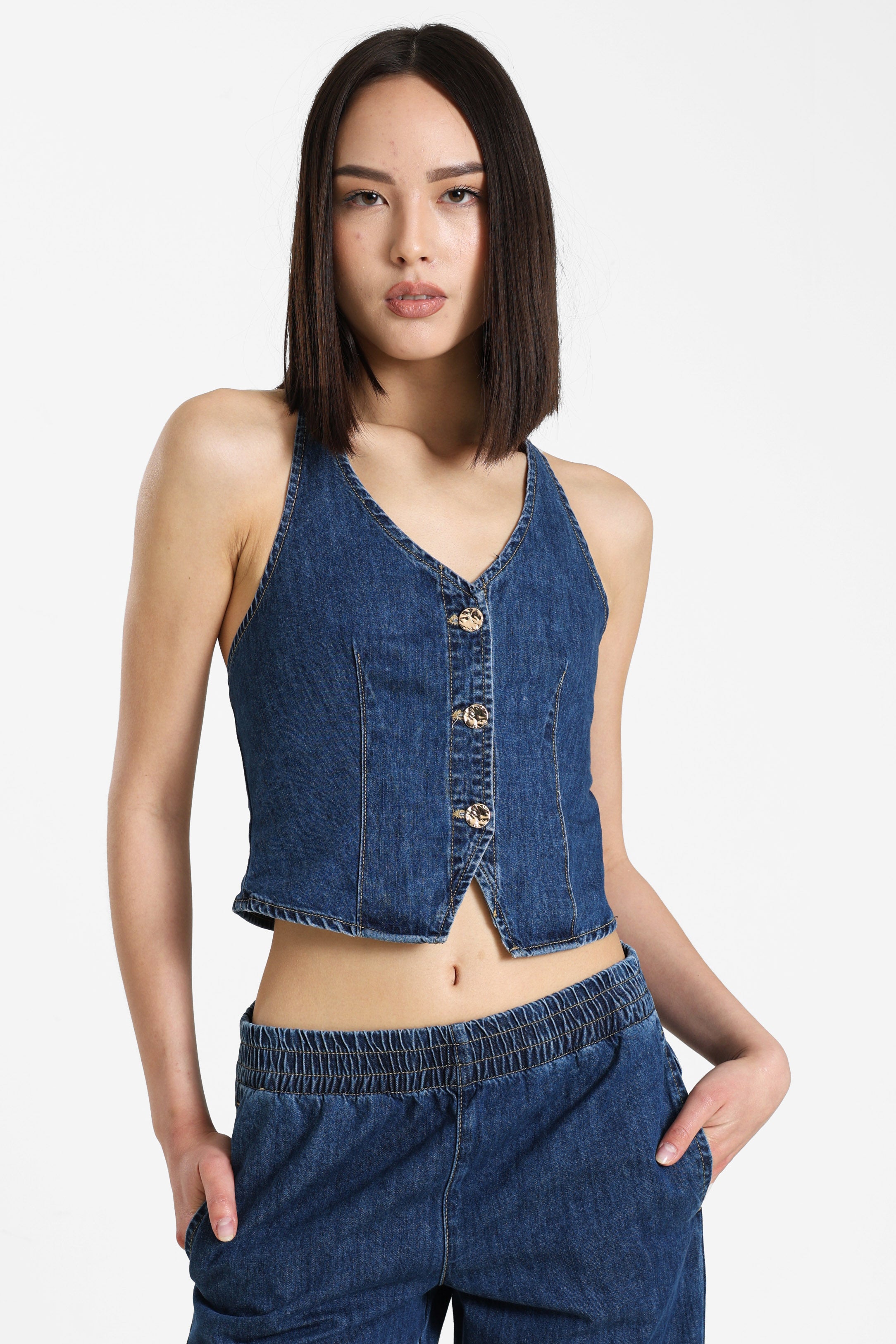 Neckholder Jeans Crop Top - Blau Denim