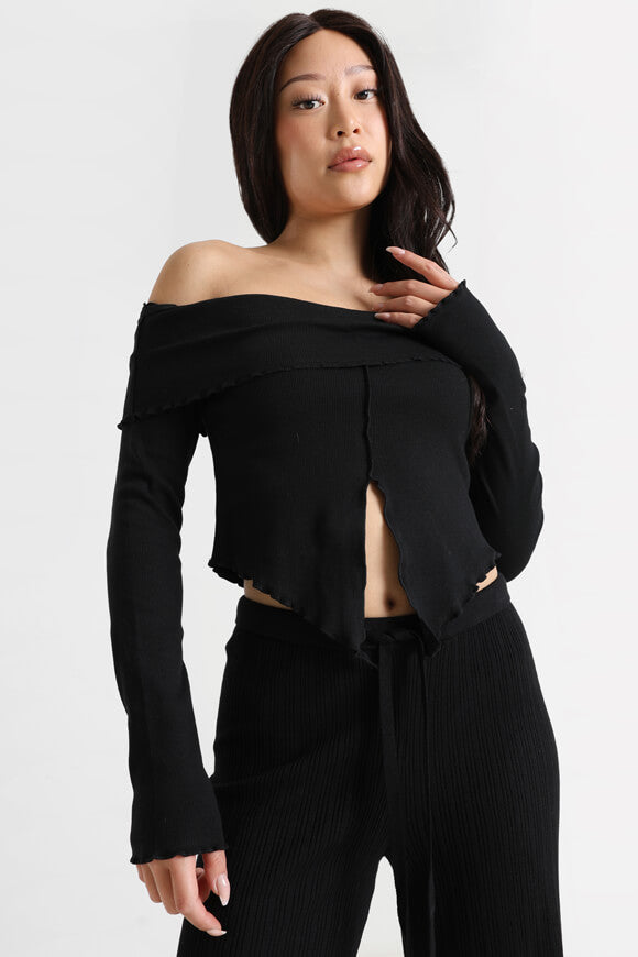 Off Shoulder Crop Long Sleeve Shirt - Black