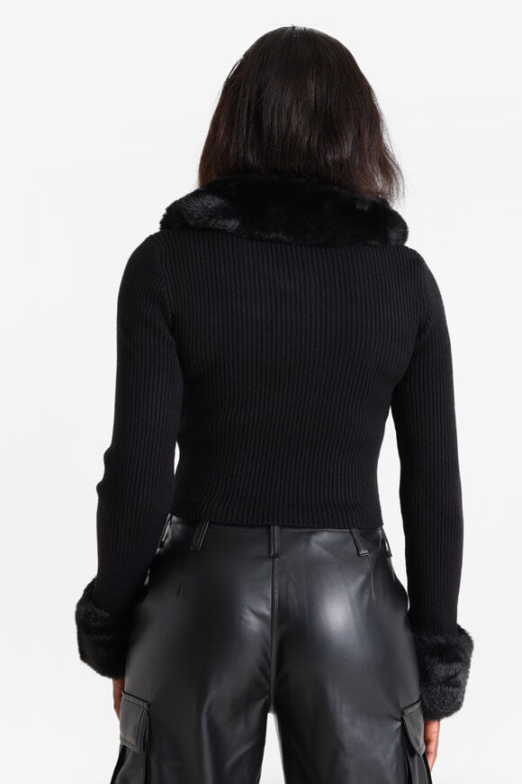 Gerippte Crop Strickjacke - Schwarz