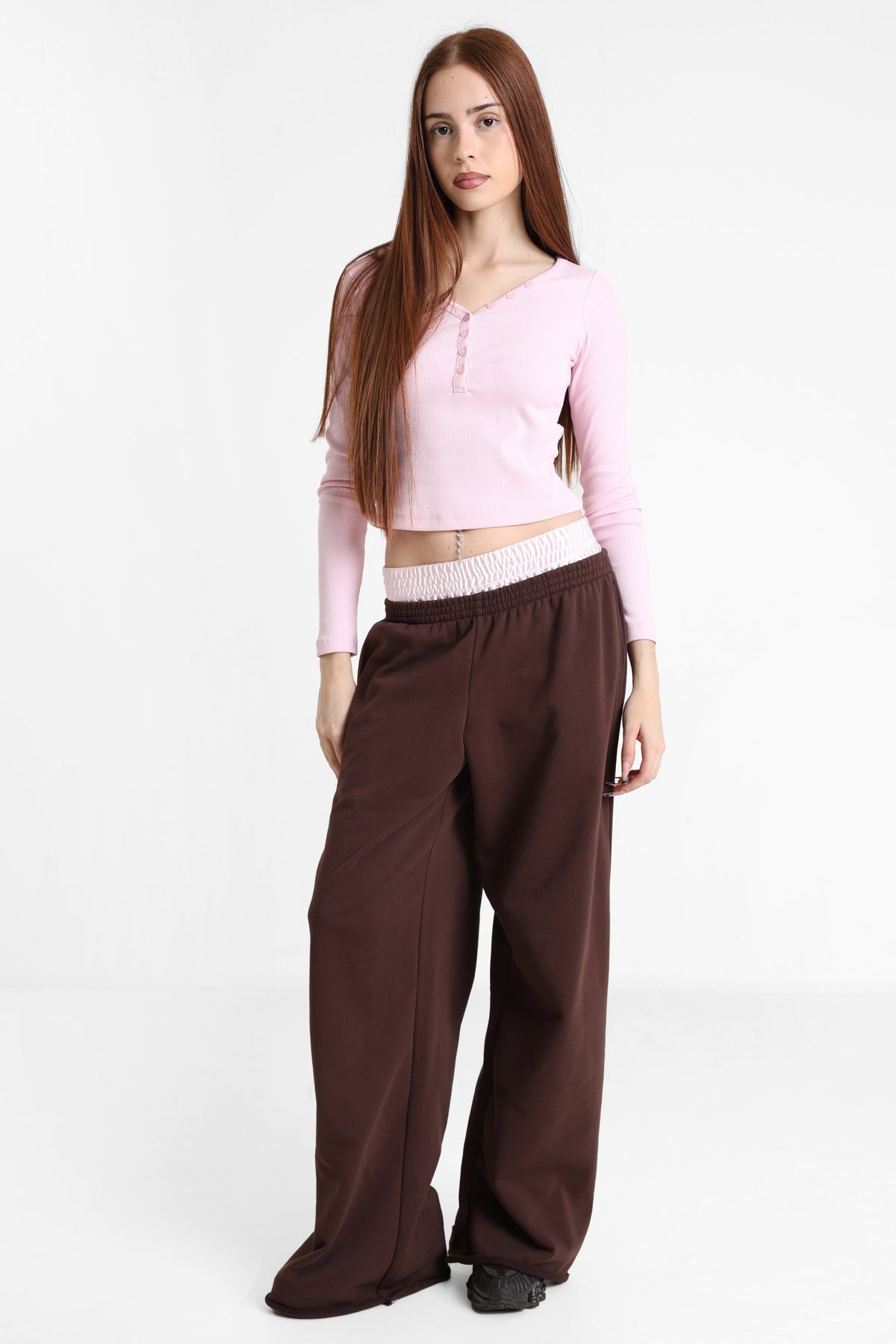 Wide Leg Sweathose - Dunkelbraun + Rosa