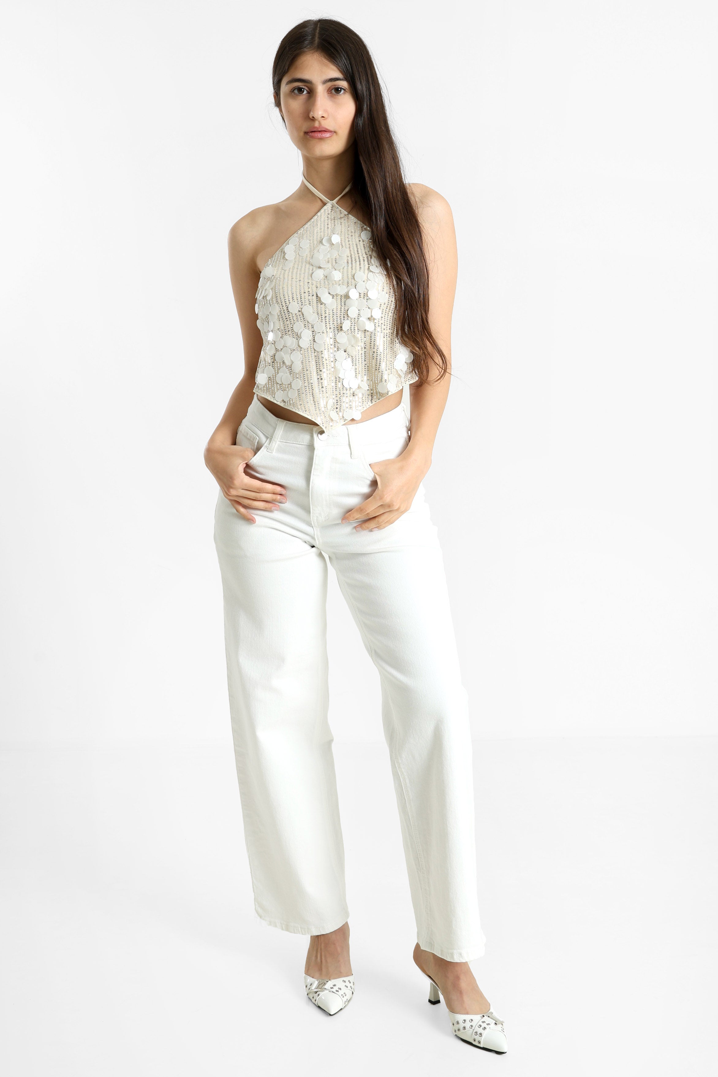 Pailletten Neckholder Crop Top - Light Beige