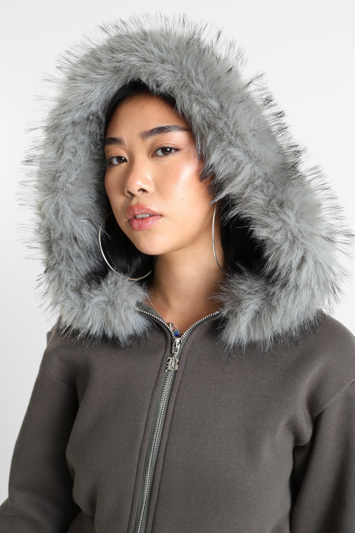 Sweat court zippé à capuchon - Gris foncé