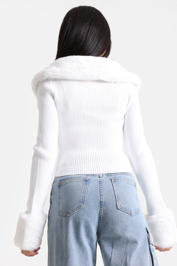 Gerippte Crop Strickjacke - Weiss