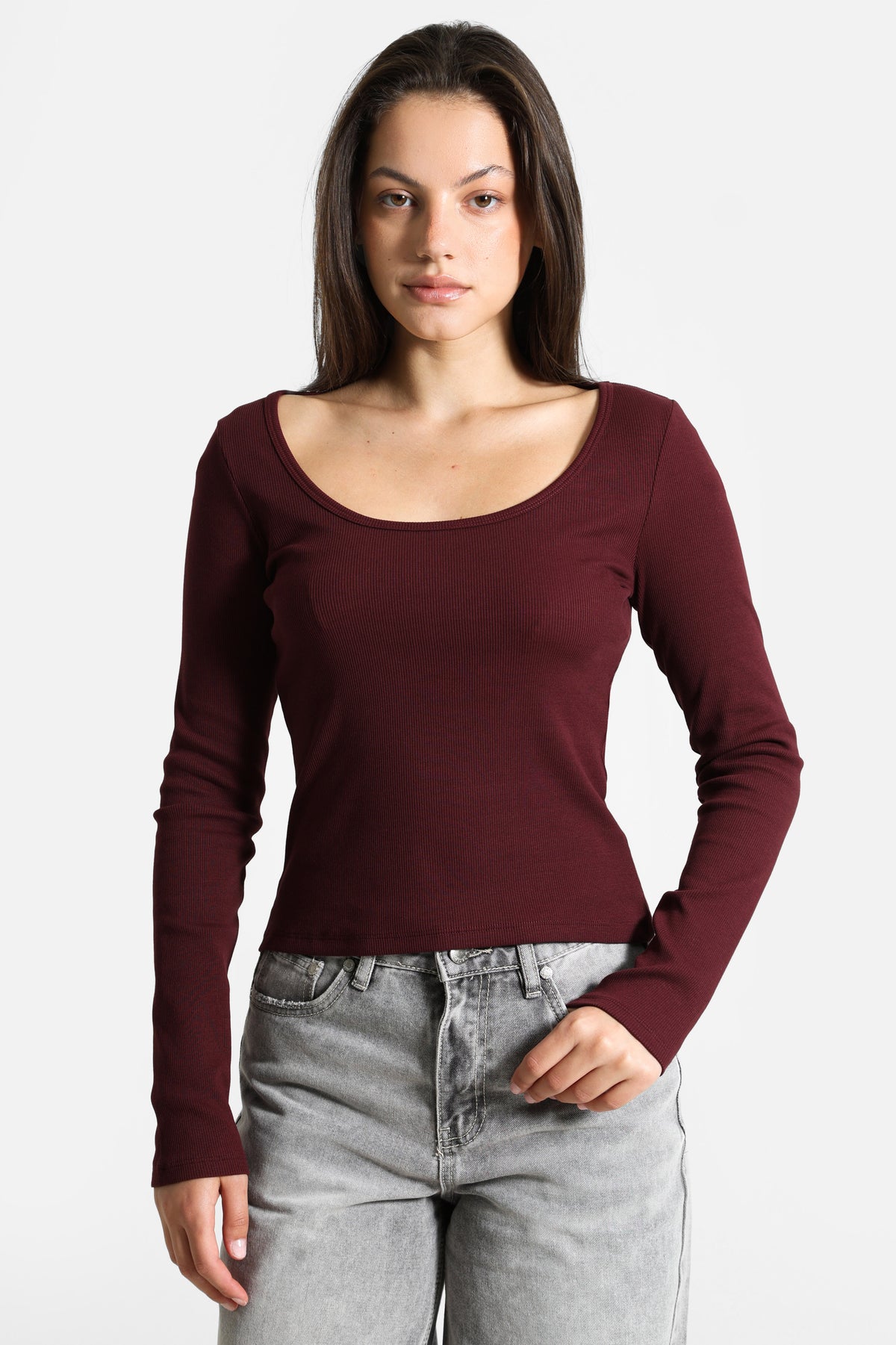 Geripptes Langarmshirt - Bordeaux