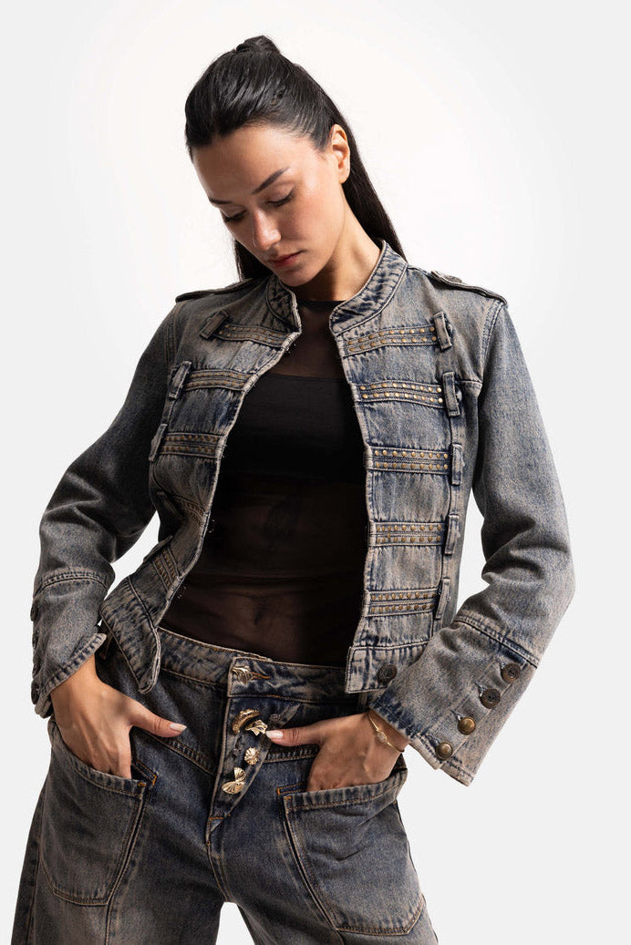 Napolyon giacca corta in denim con borchie - Medium Blue Denim
