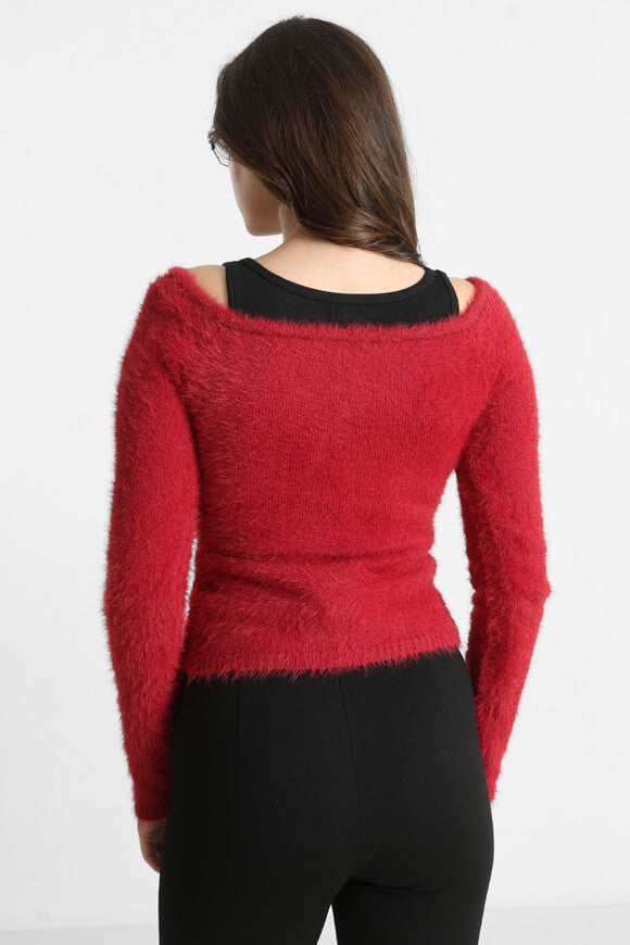 Pull off shoulder en tricot poilu - Rouge