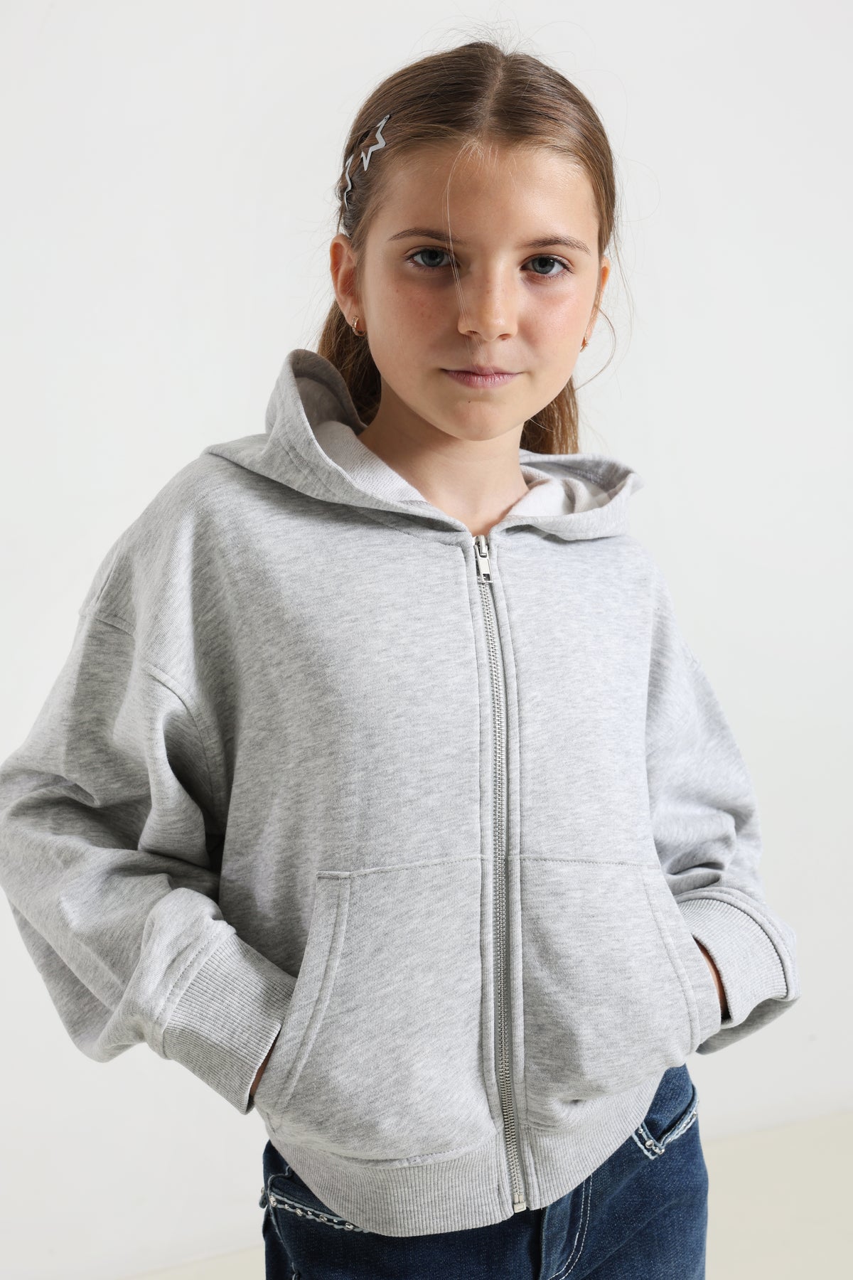 Sweat ample zippé à capuchon - Gris clair chiné