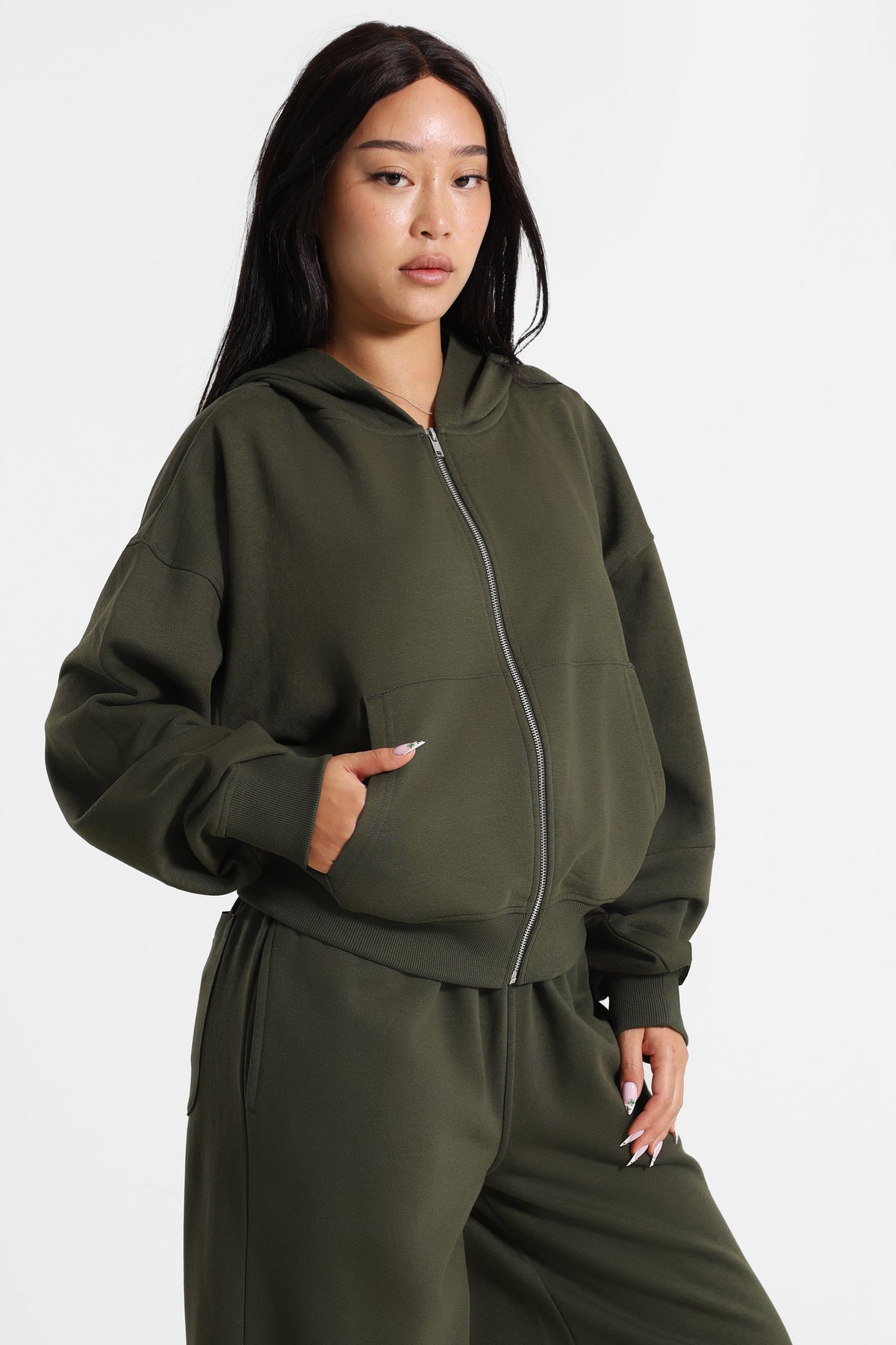 Felpa con cappuccio e zip - Olive
