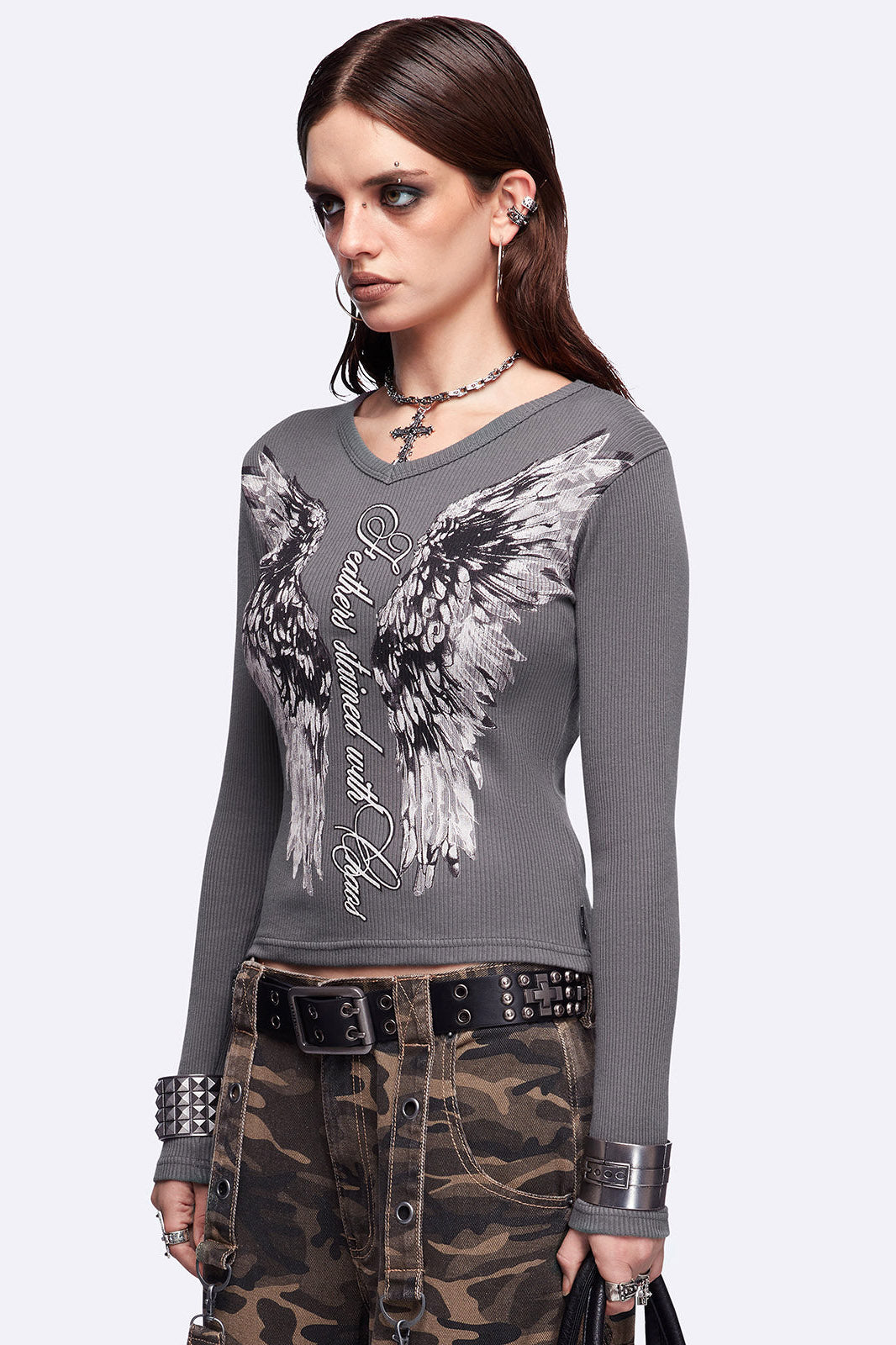 Feathers Stained geripptes Langarmshirt - Dark Grey