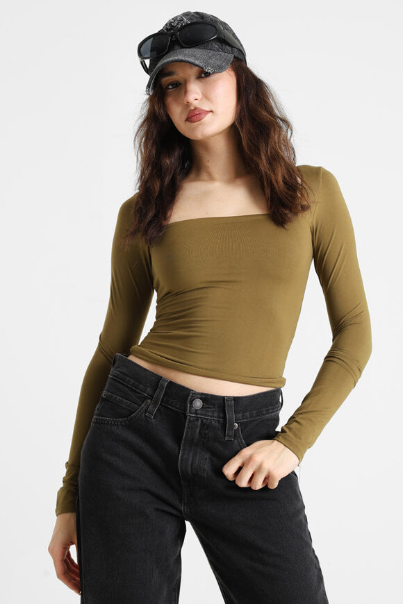 Crop Langarmshirt - Khaki