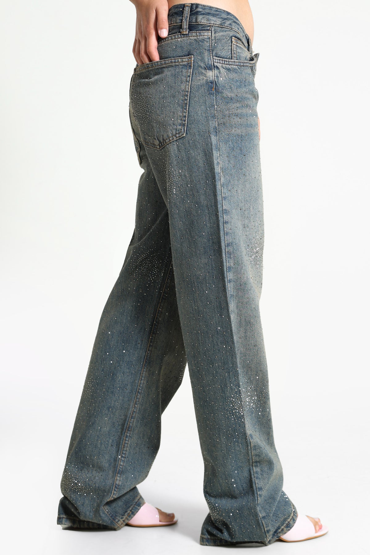 Wide Leg mit Strass - Medium Blue Denim