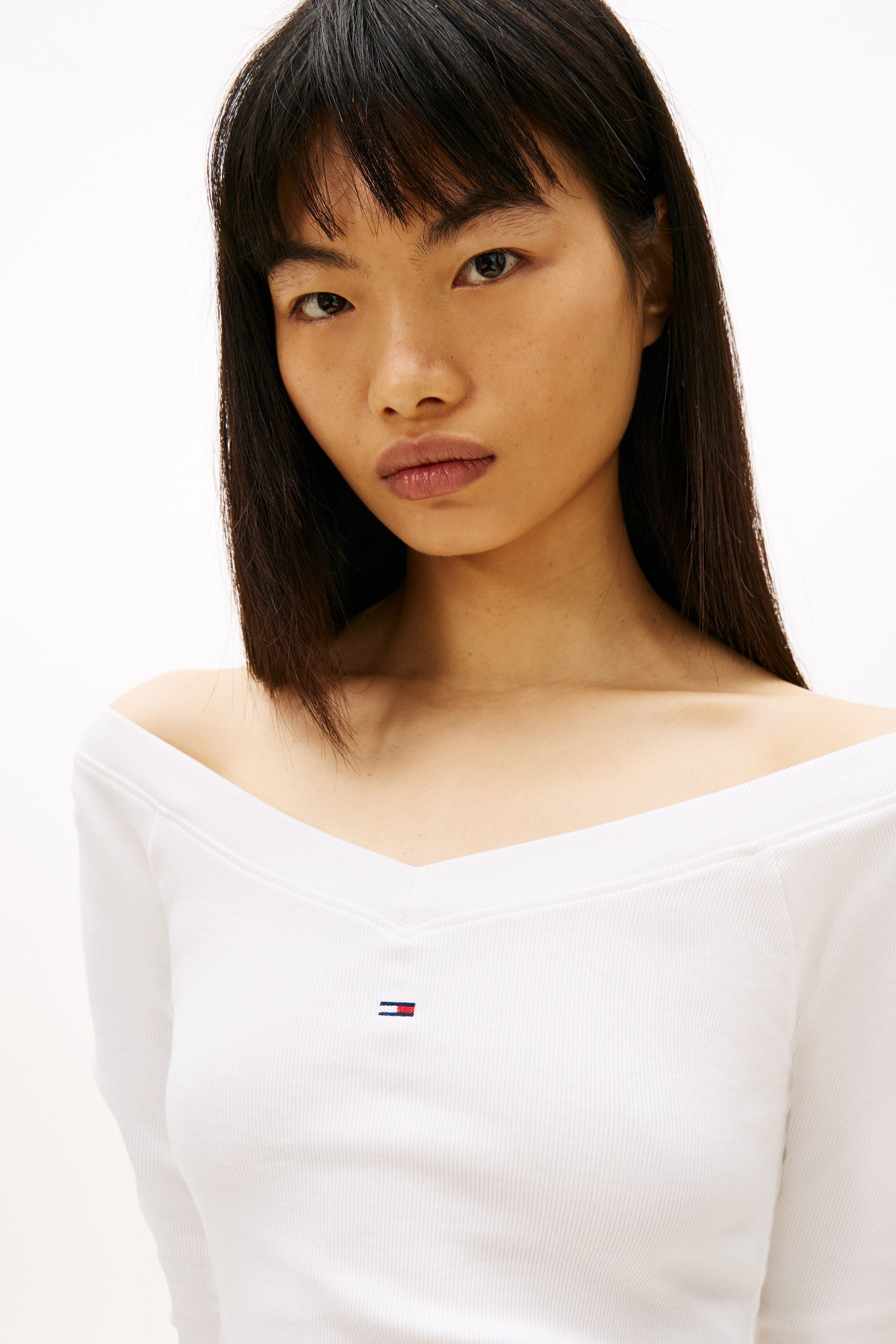 Geripptes Off Shoulder Langarmshirt - Offwhite