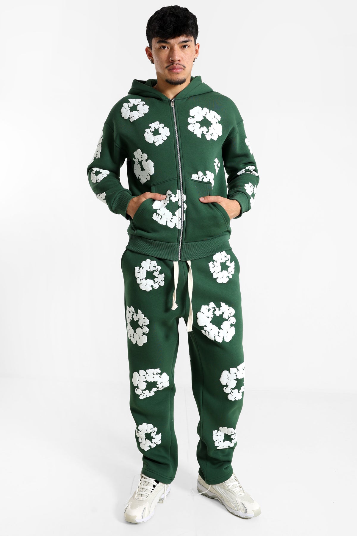 Hooded zip-up sweatshirt - Forest Green + White