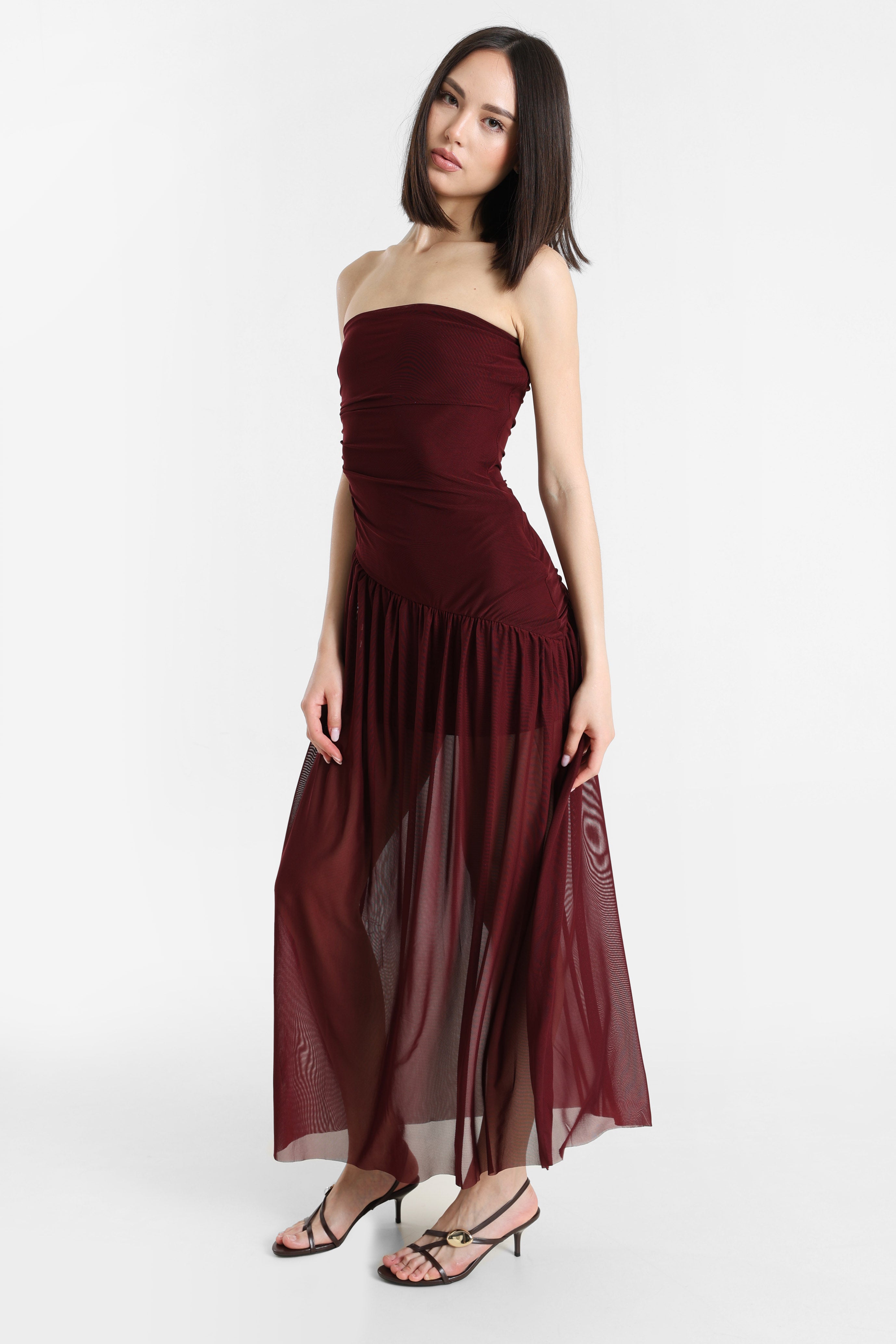 Long bandeau mesh dress - Bordeaux