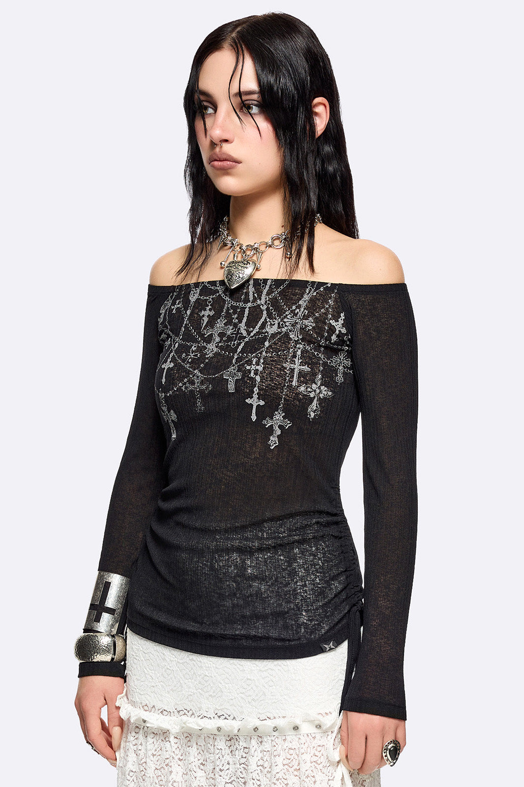 Rosary Off Shoulder Crop Langarmshirt - Black