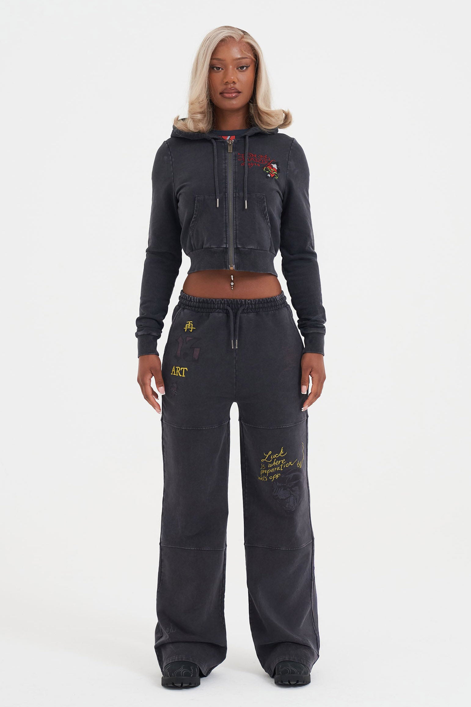 Crop Kapuzensweatjacke - Black Washed